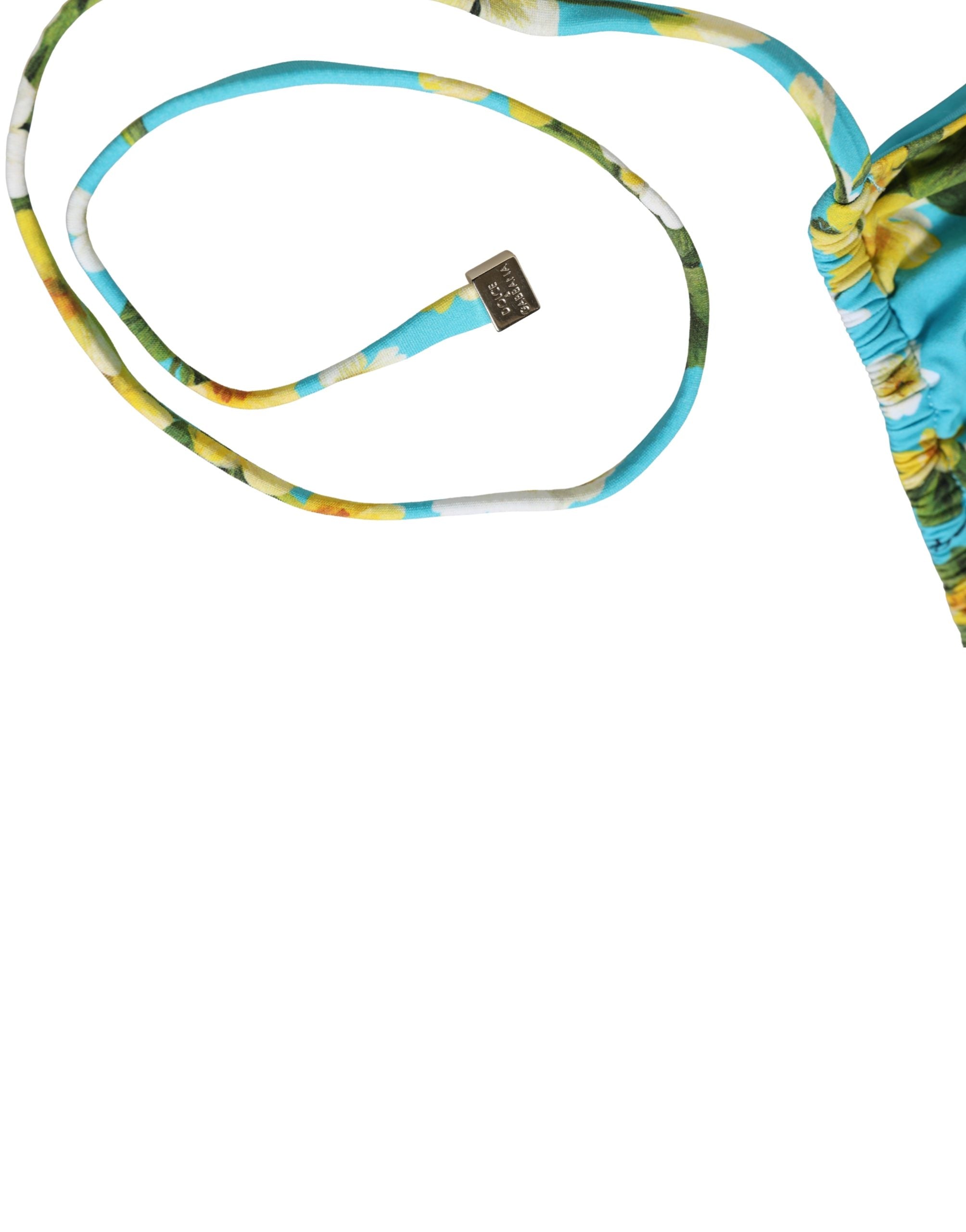 Dolce & Gabbana Blue Floral Print Nylon Halter Bikini Top Swimwear