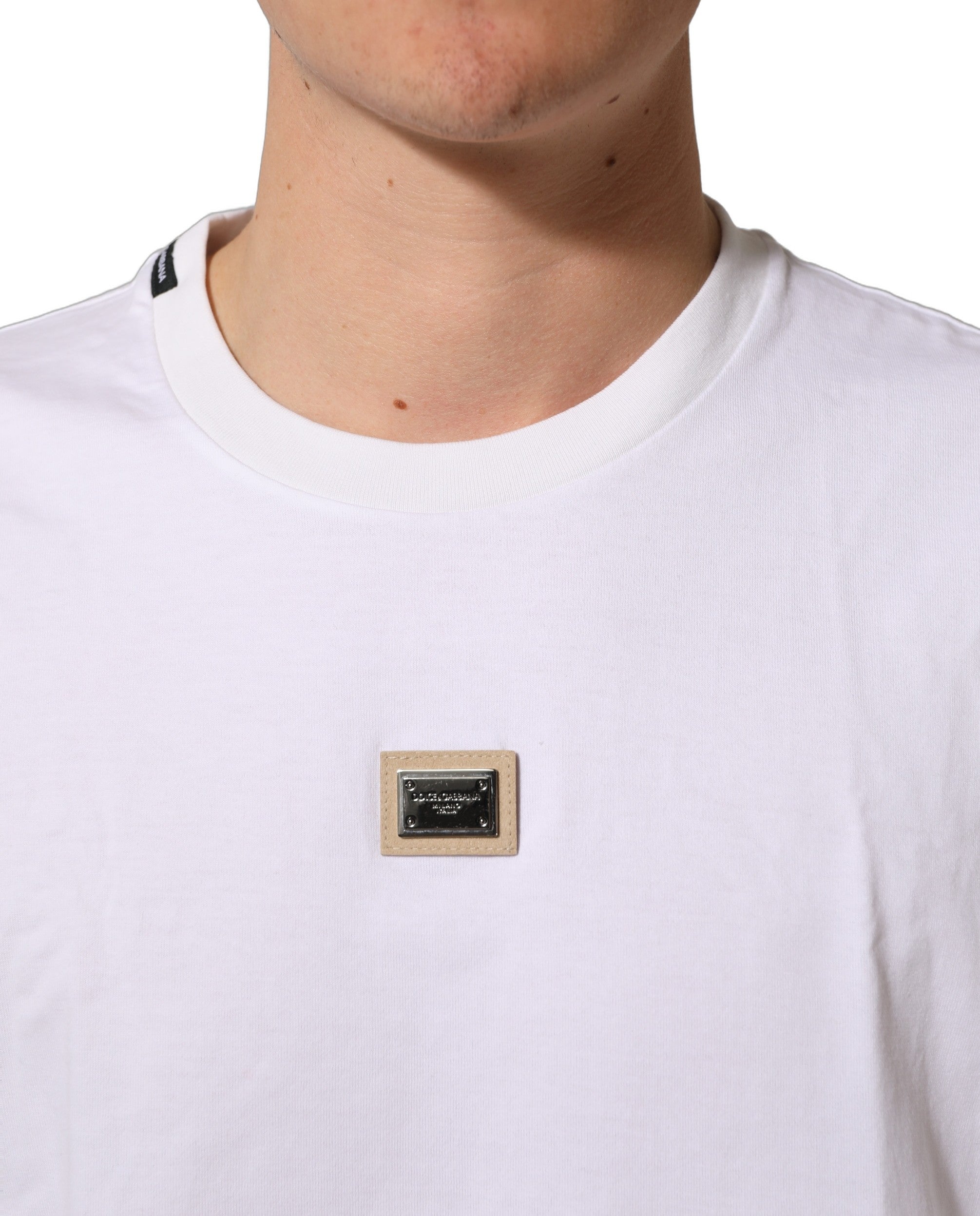 Dolce & Gabbana White Cotton Logo Plaque Crew Neck T-shirt