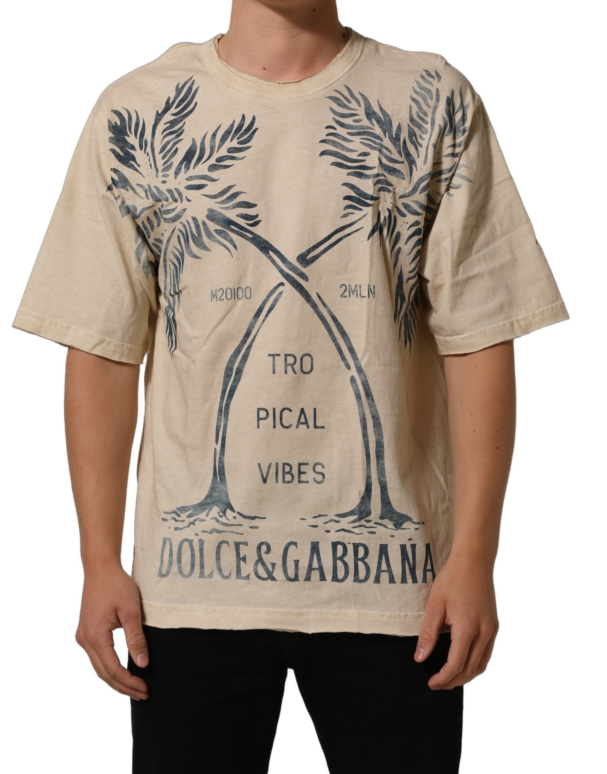 Dolce & Gabbana Beige Cotton Graphic Print Crew Neck  T-shirt