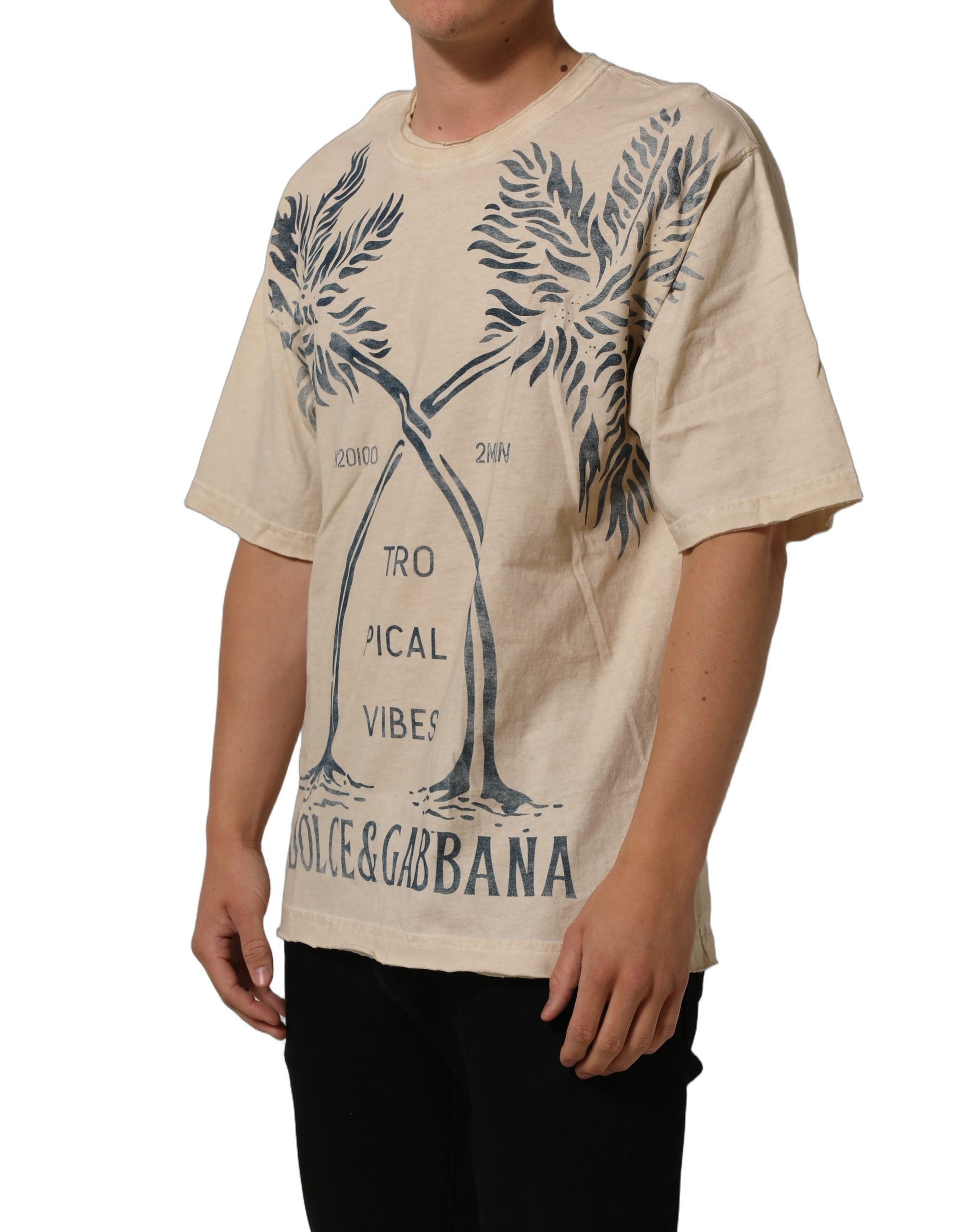 Dolce & Gabbana Beige Cotton Graphic Print Crew Neck  T-shirt