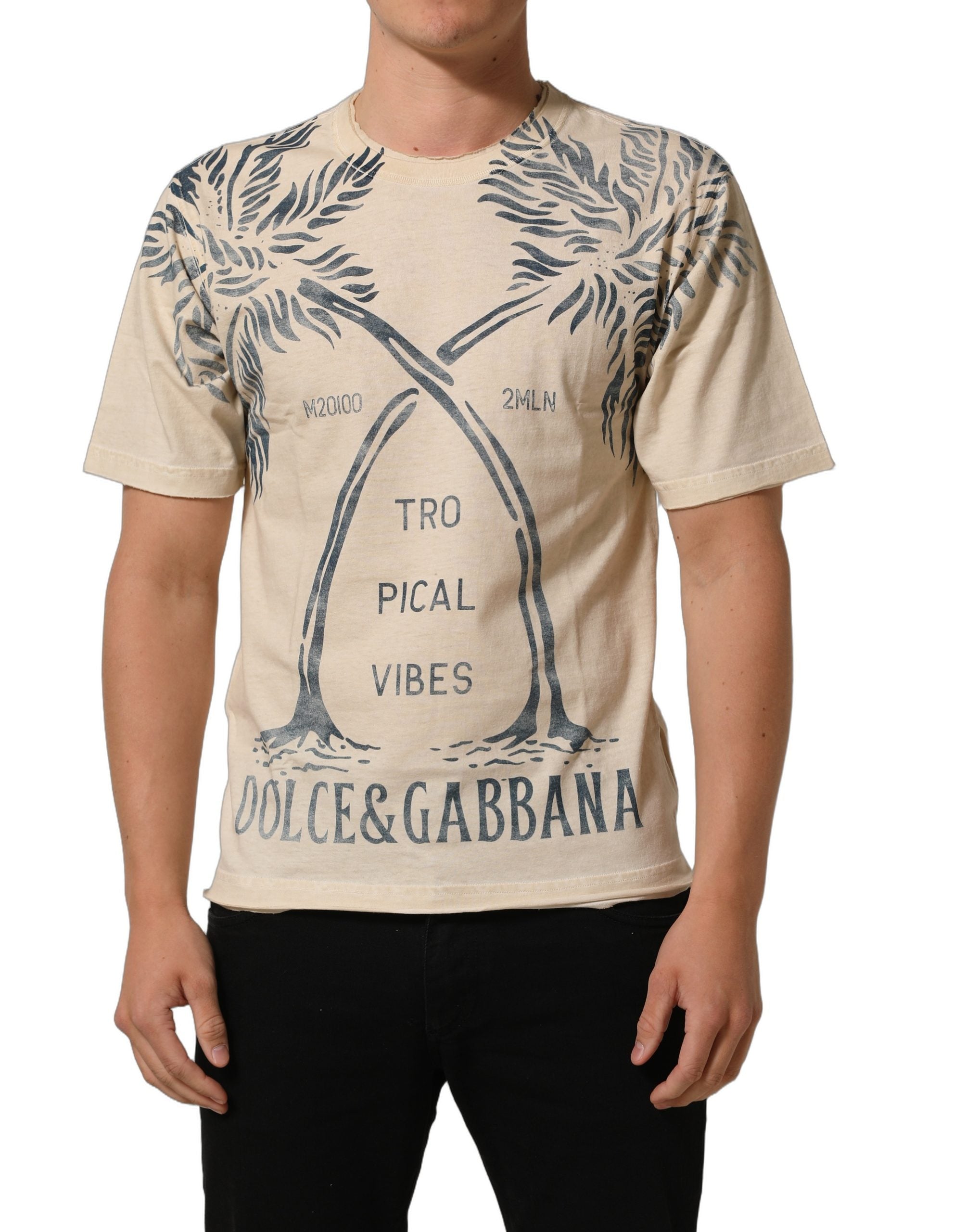 Dolce & Gabbana Beige Cotton Graphic Print Crew Neck T-shirt