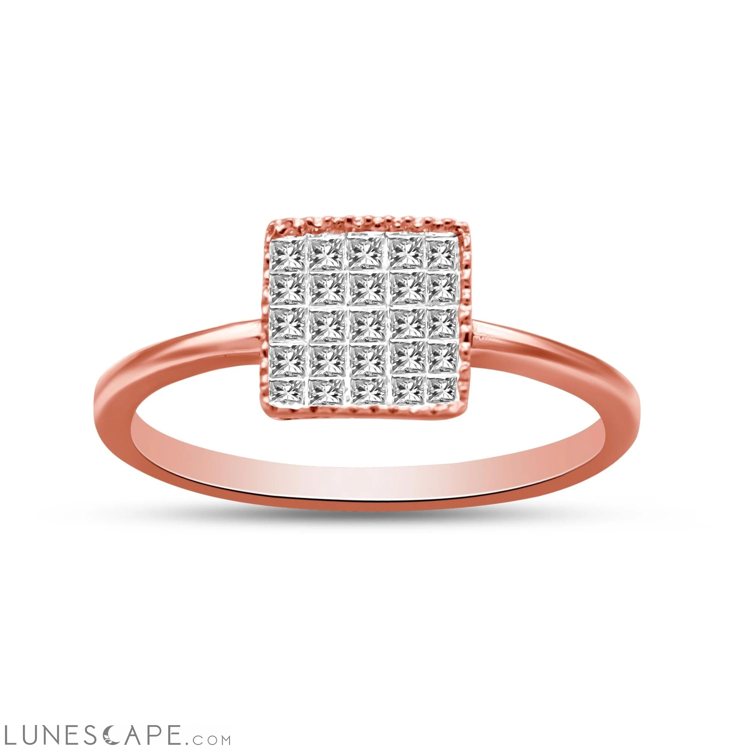 10K Rose Gold 1/3 Cttw Invisible Set Princess Cut Diamond Composite Square Shape Ring for Women (H-I Color, I1-I2 Clarit LUNESCAPE