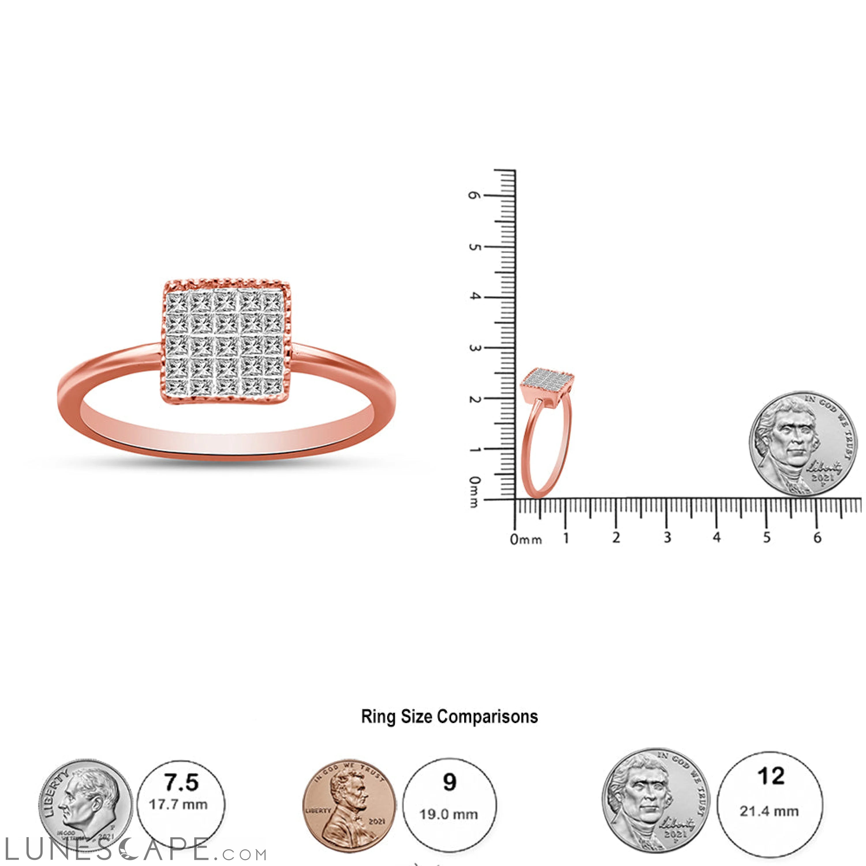 10K Rose Gold 1/3 Cttw Invisible Set Princess Cut Diamond Composite Square Shape Ring for Women (H-I Color, I1-I2 Clarit LUNESCAPE