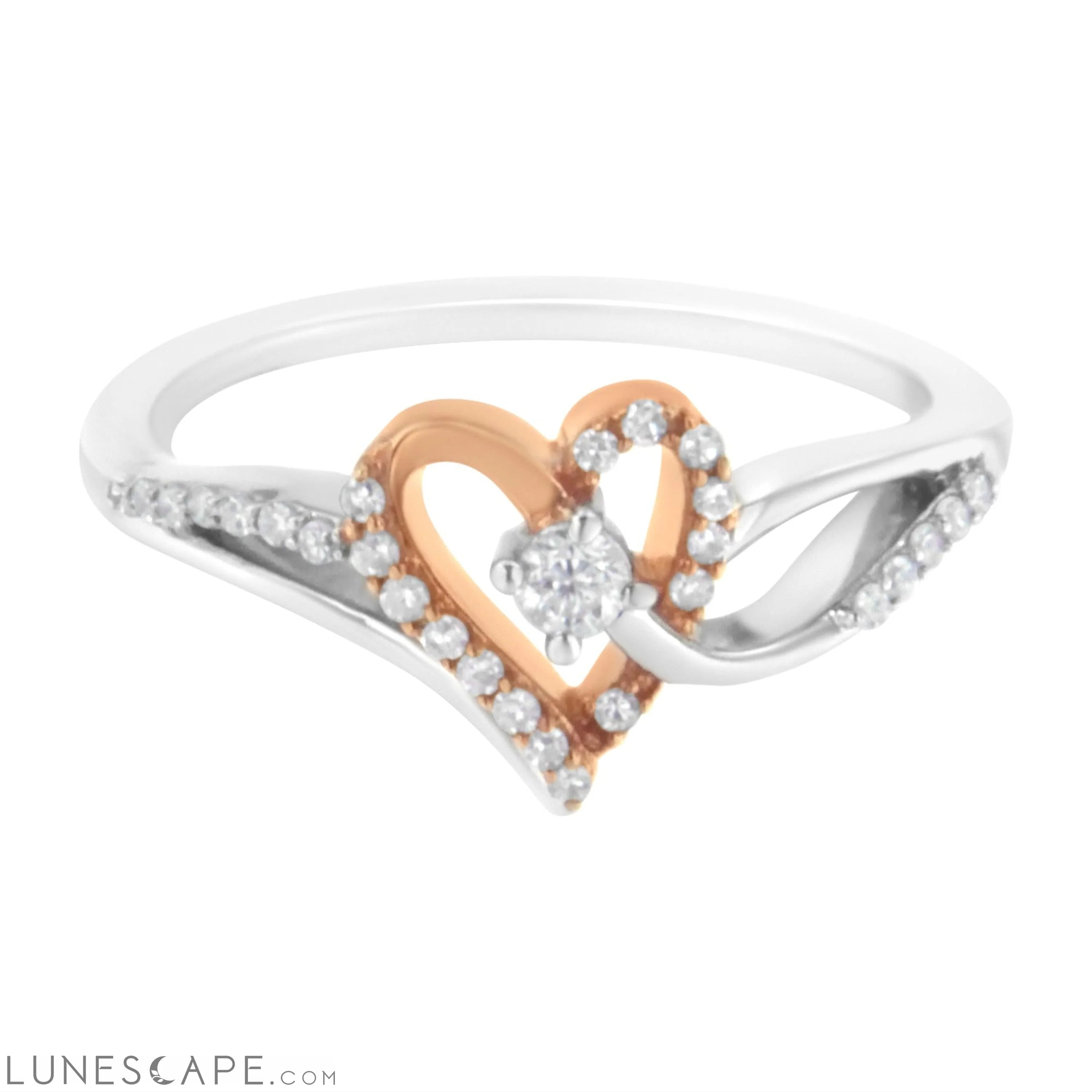 10K Rose Gold Plated .925 Sterling Silver 1/5 Cttw Diamond Two Tone Open Heart Promise or Fashion Ring (I-J Color, I2-I3 LUNESCAPE
