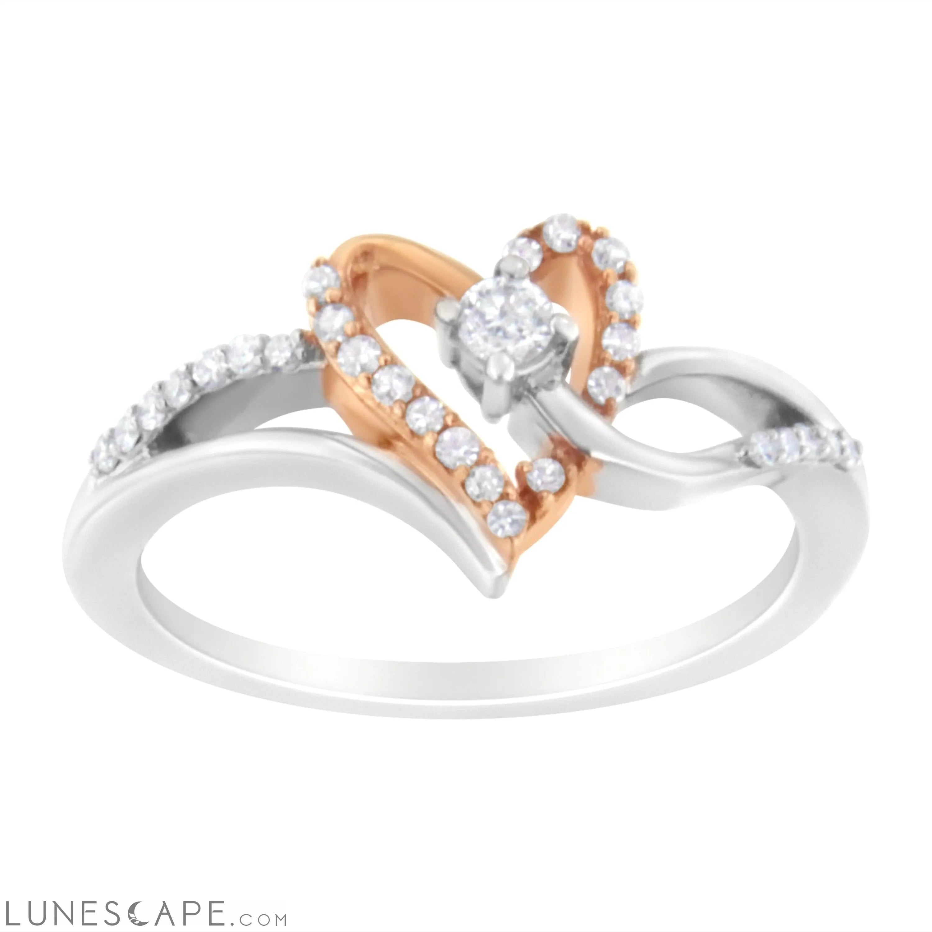 10K Rose Gold Plated .925 Sterling Silver 1/5 Cttw Diamond Two Tone Open Heart Promise or Fashion Ring (I-J Color, I2-I3 LUNESCAPE