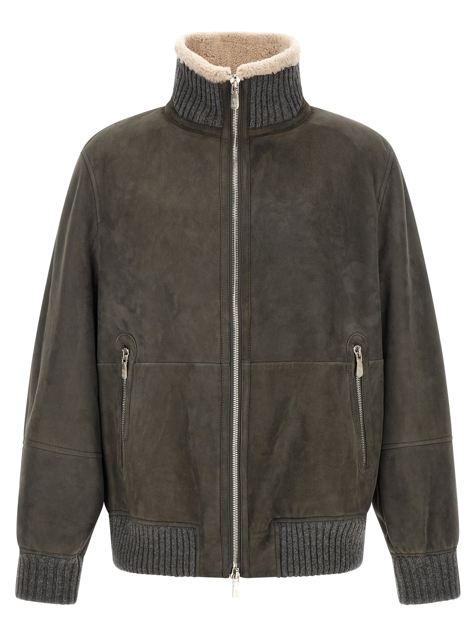 Brunello Cucinelli Gray Lamb Leather Leather Jacket