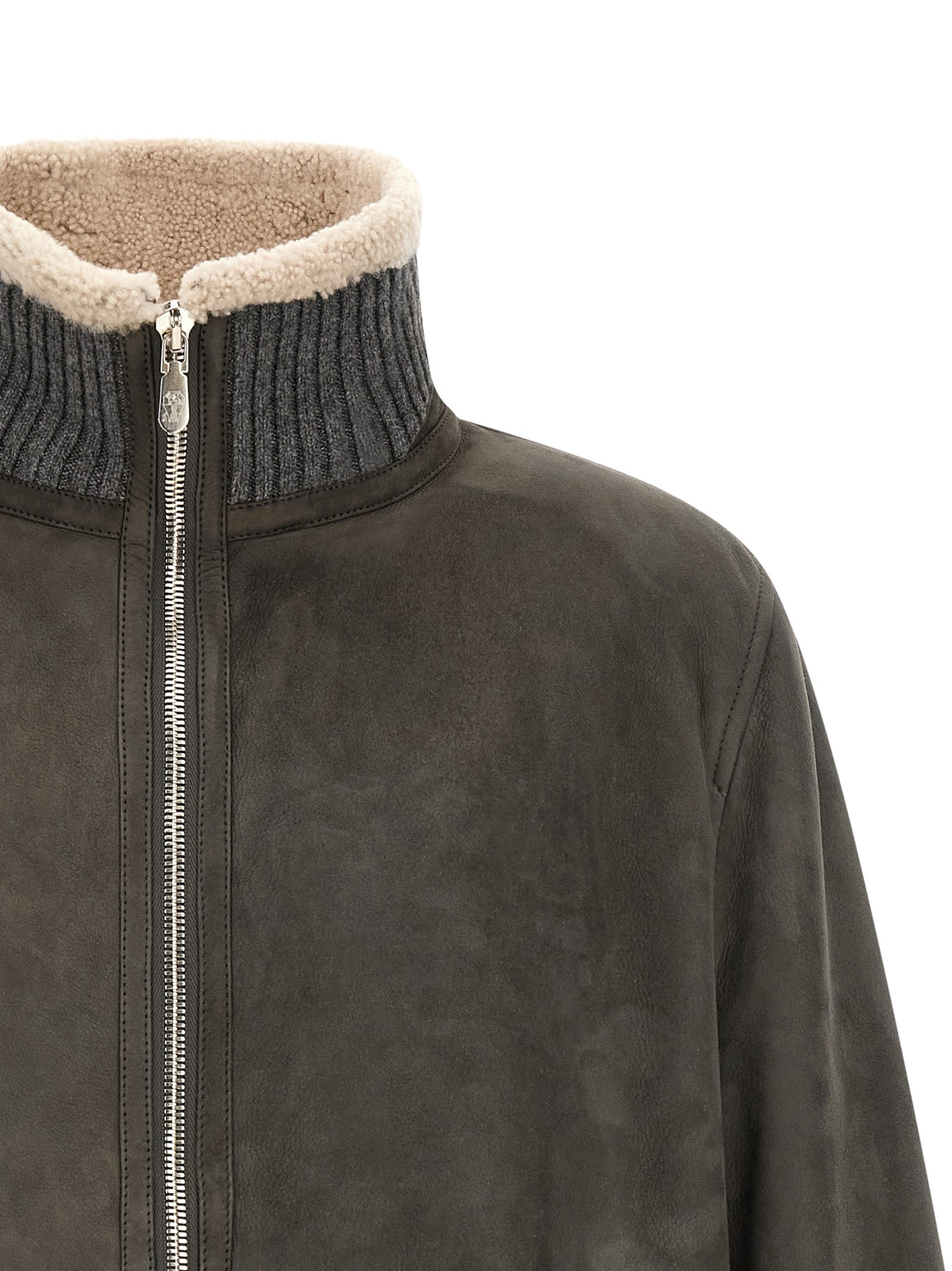 Brunello Cucinelli Gray Lamb Leather Leather Jacket