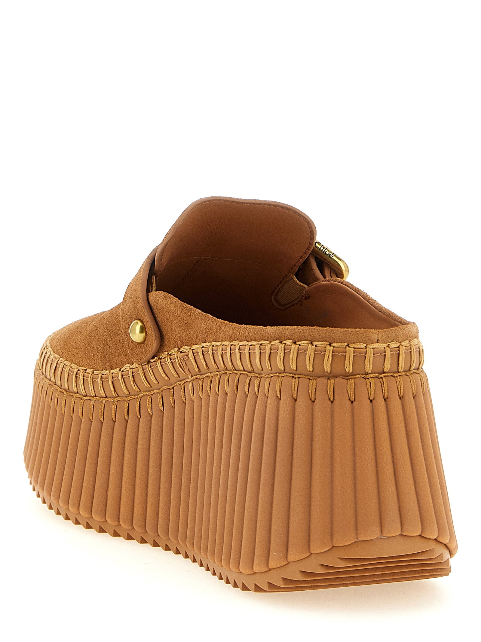 Chloé Beige Calfskin Platform Wedge Mules