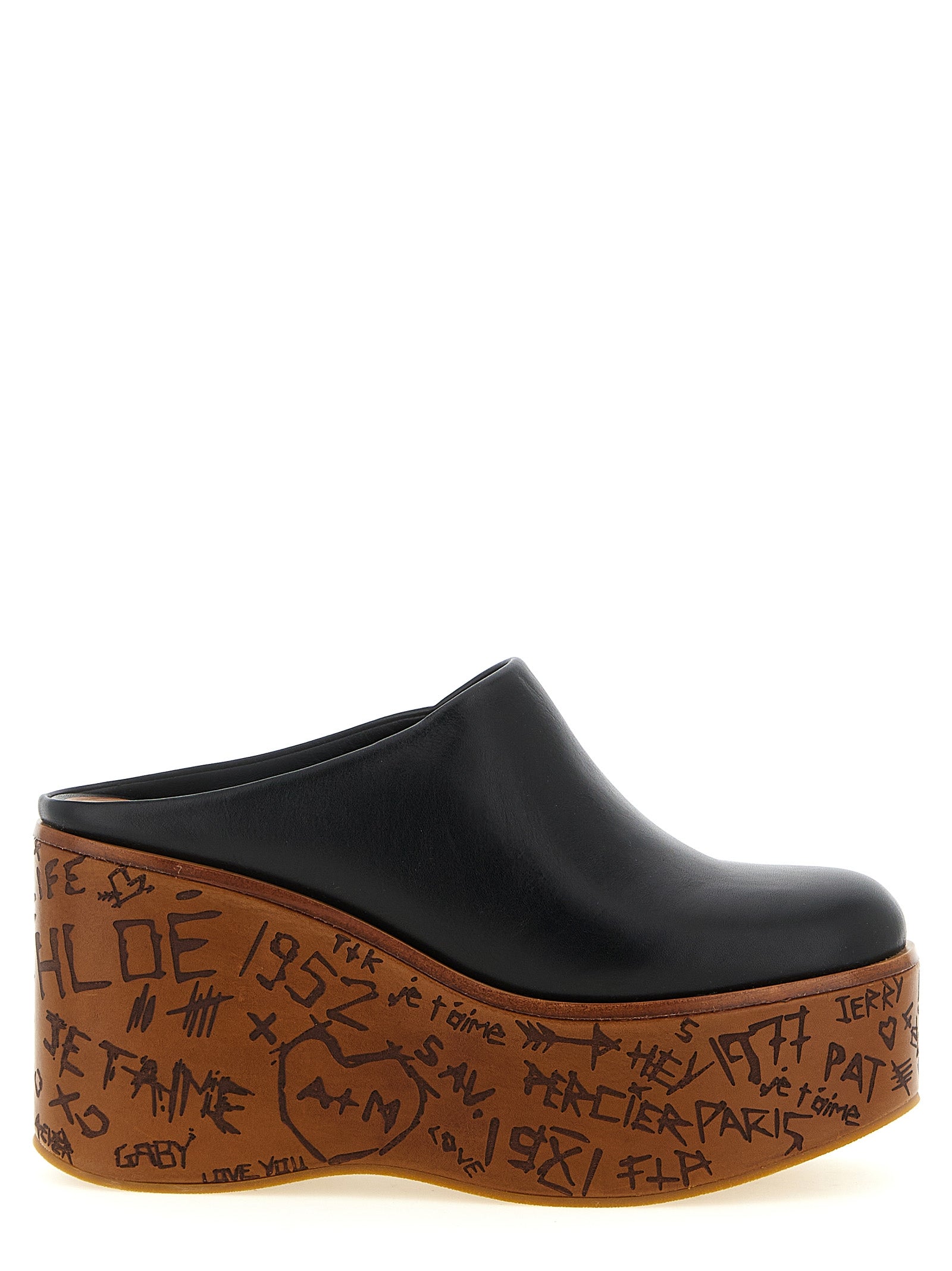 Chloé Black Calfskin Platform Wedge Clogs