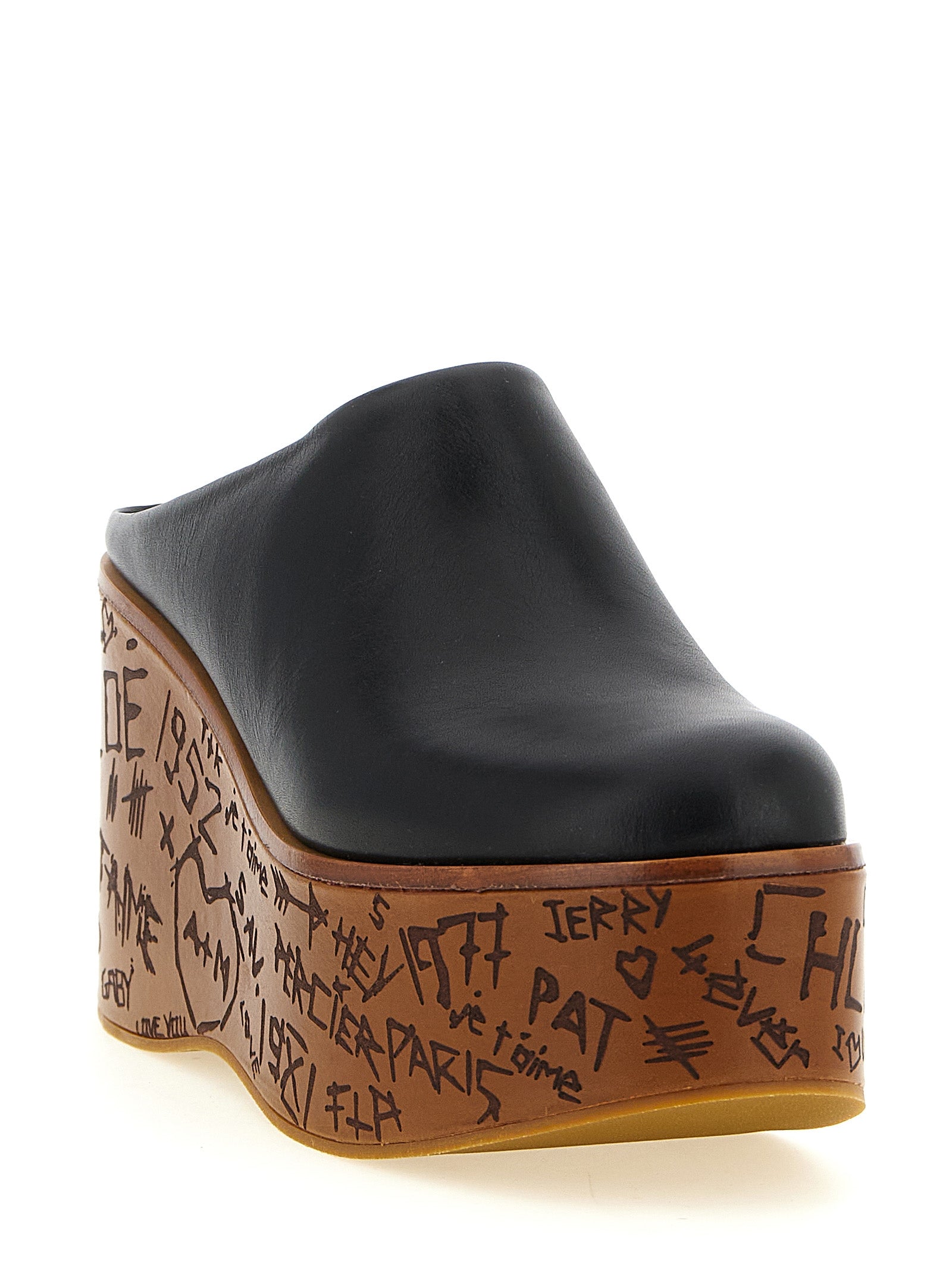 Chloé Black Calfskin Platform Wedge Clogs