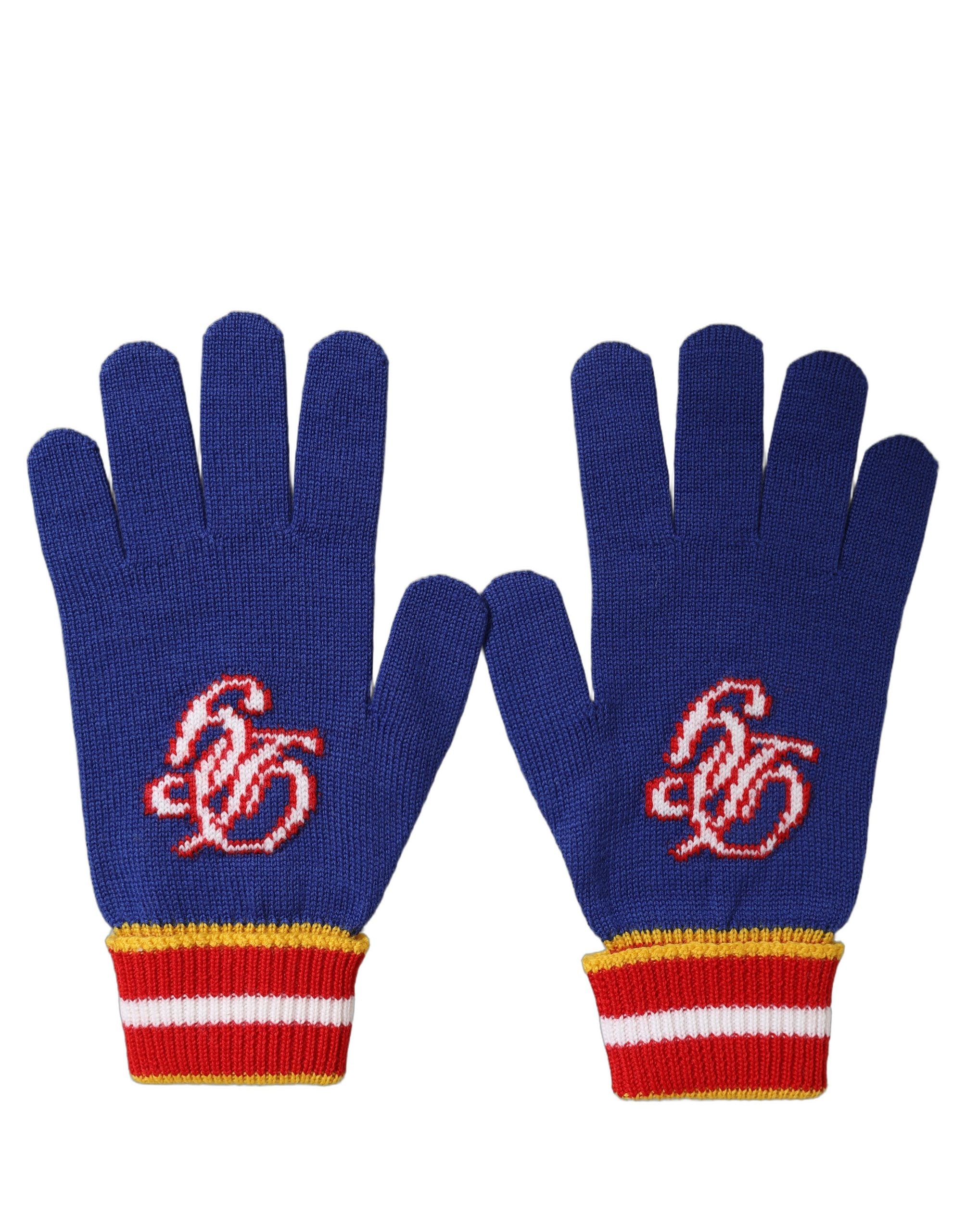 Dolce & Gabbana Blue Striped Wool DG Logo Embroidered Gloves