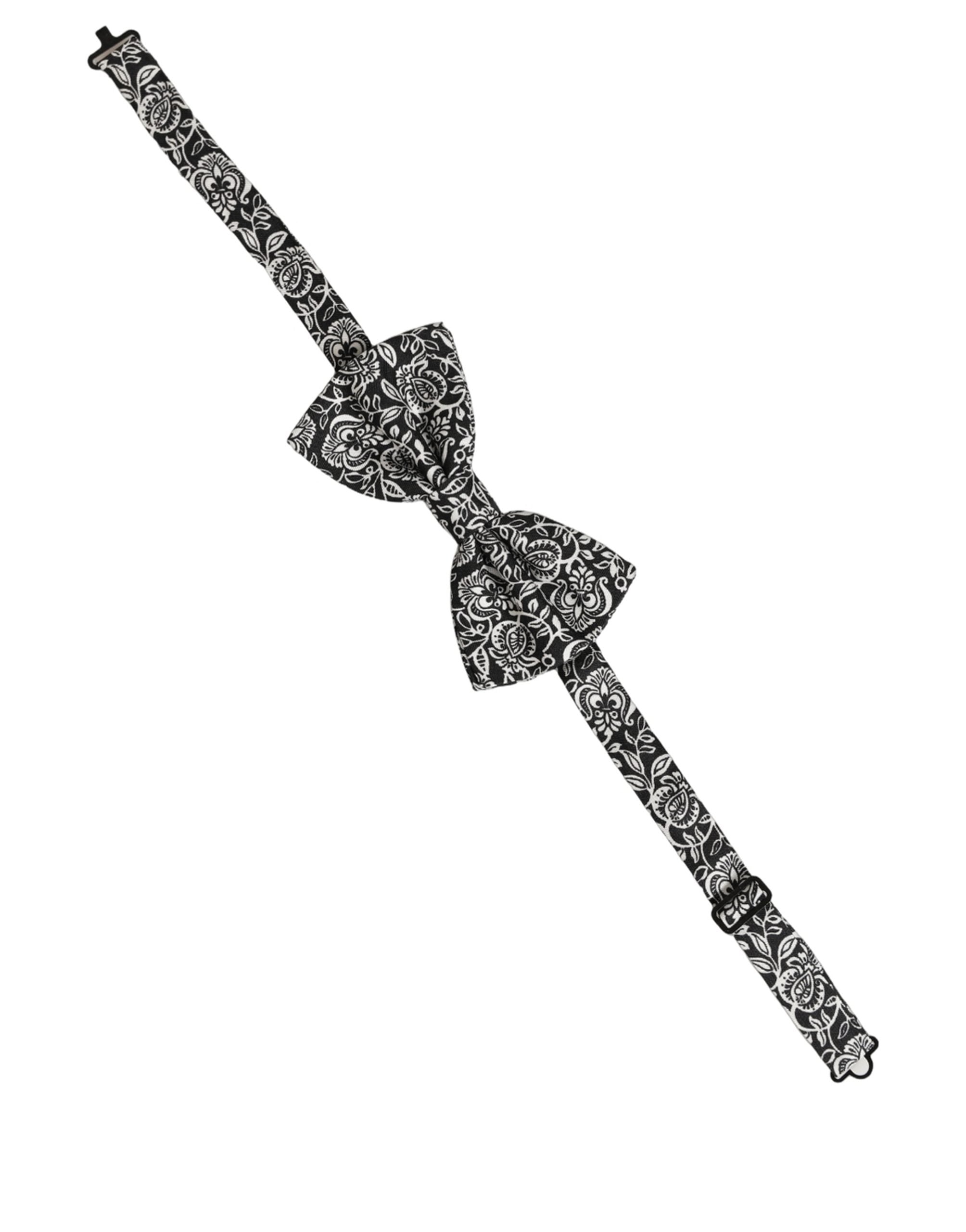 Dolce & Gabbana Tie Black White Paisley Silk Adjustable Neck Papillon Bow