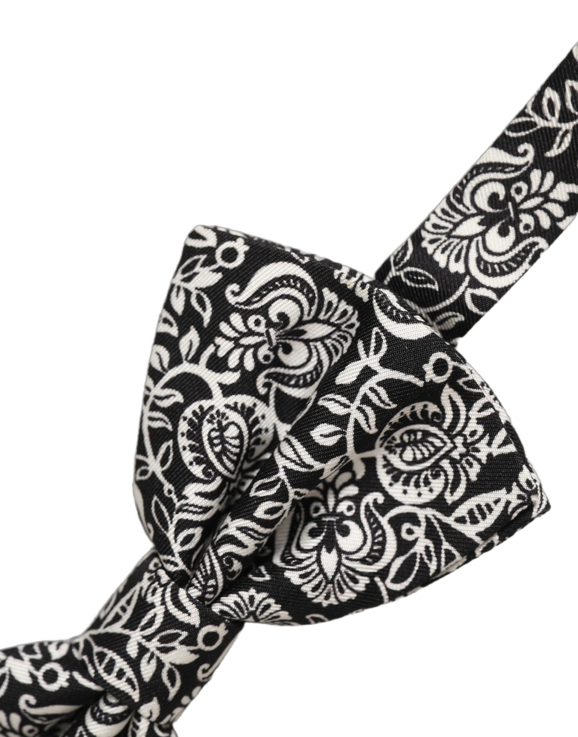 Dolce & Gabbana Tie Black White Paisley Silk Adjustable Neck Papillon Bow