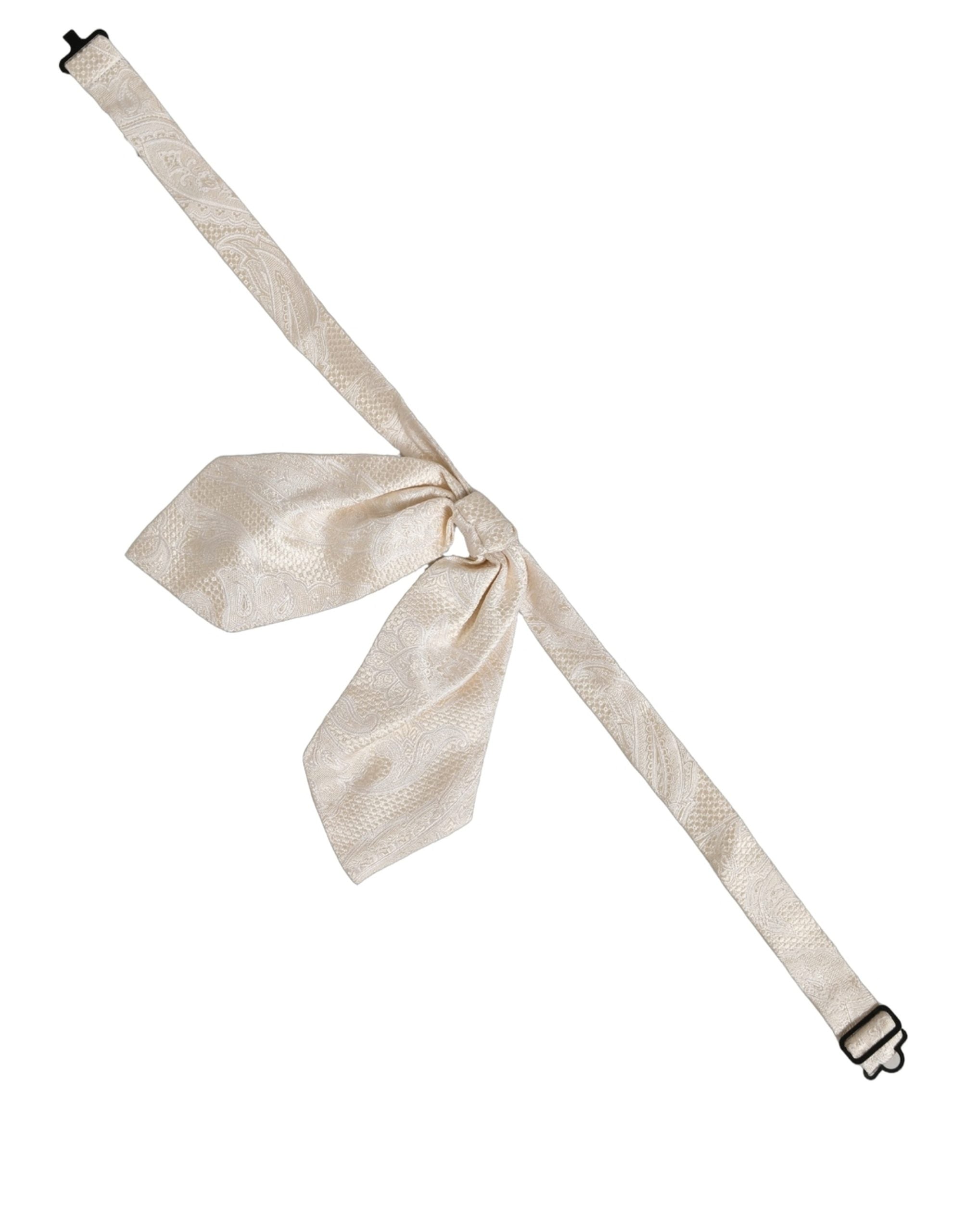 Dolce & Gabbana Men Ivory Paisley SIlk Adjustable Neck Papillon Bow Tie