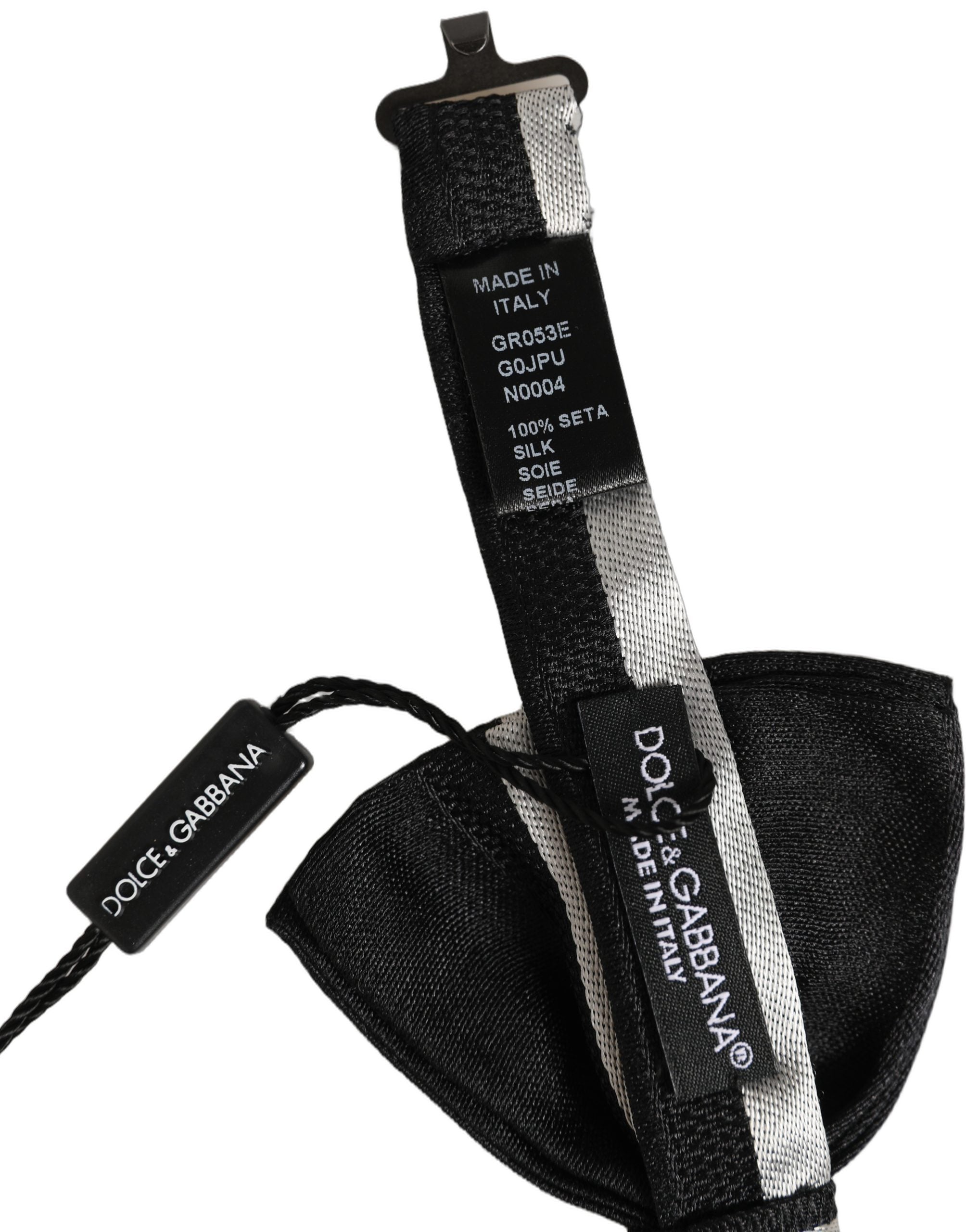 Dolce & Gabbana Black Silver 100% Silk Adjustable Neck Papillon Bow Tie