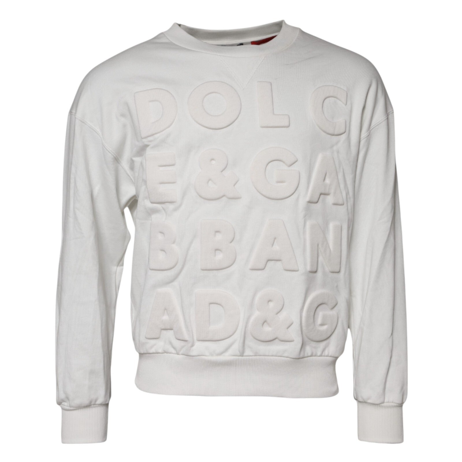 Dolce & Gabbana White Embossed Logo Cotton Crew Neck Sweater