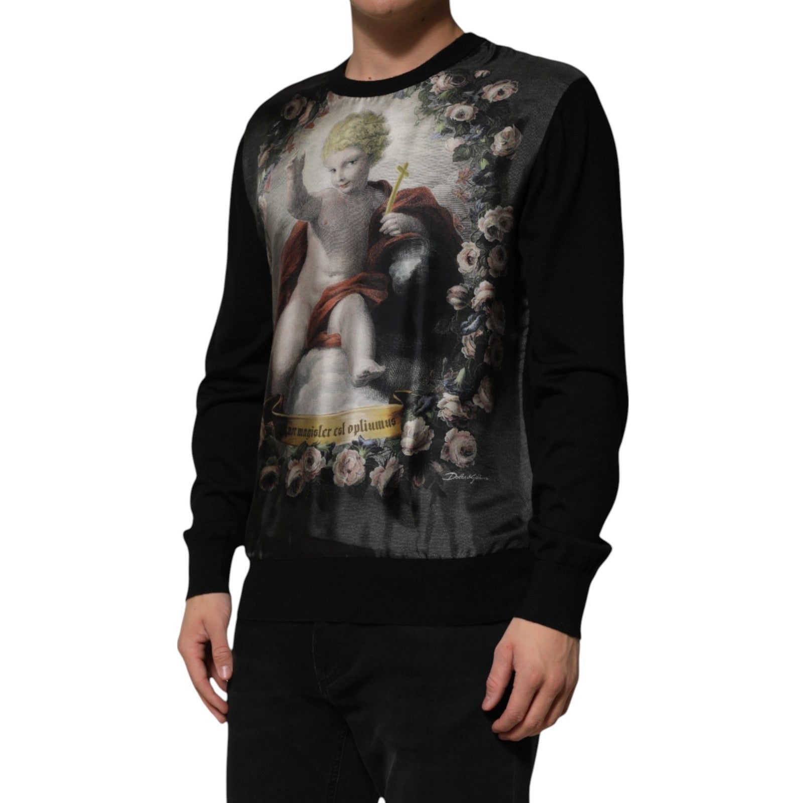 Dolce & Gabbana Black Cashmere Cherub Print Baroque Sweater