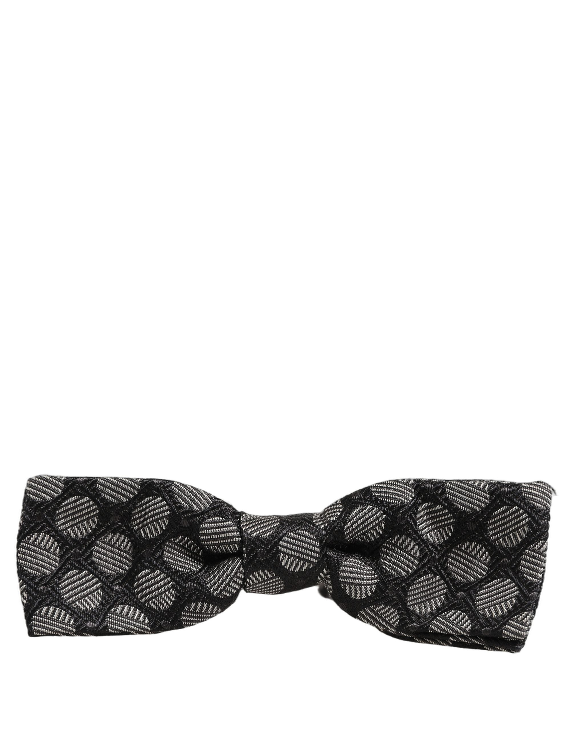 Dolce & Gabbana Black White Geometric Silk Adjustable Neck Papillon Bow Tie