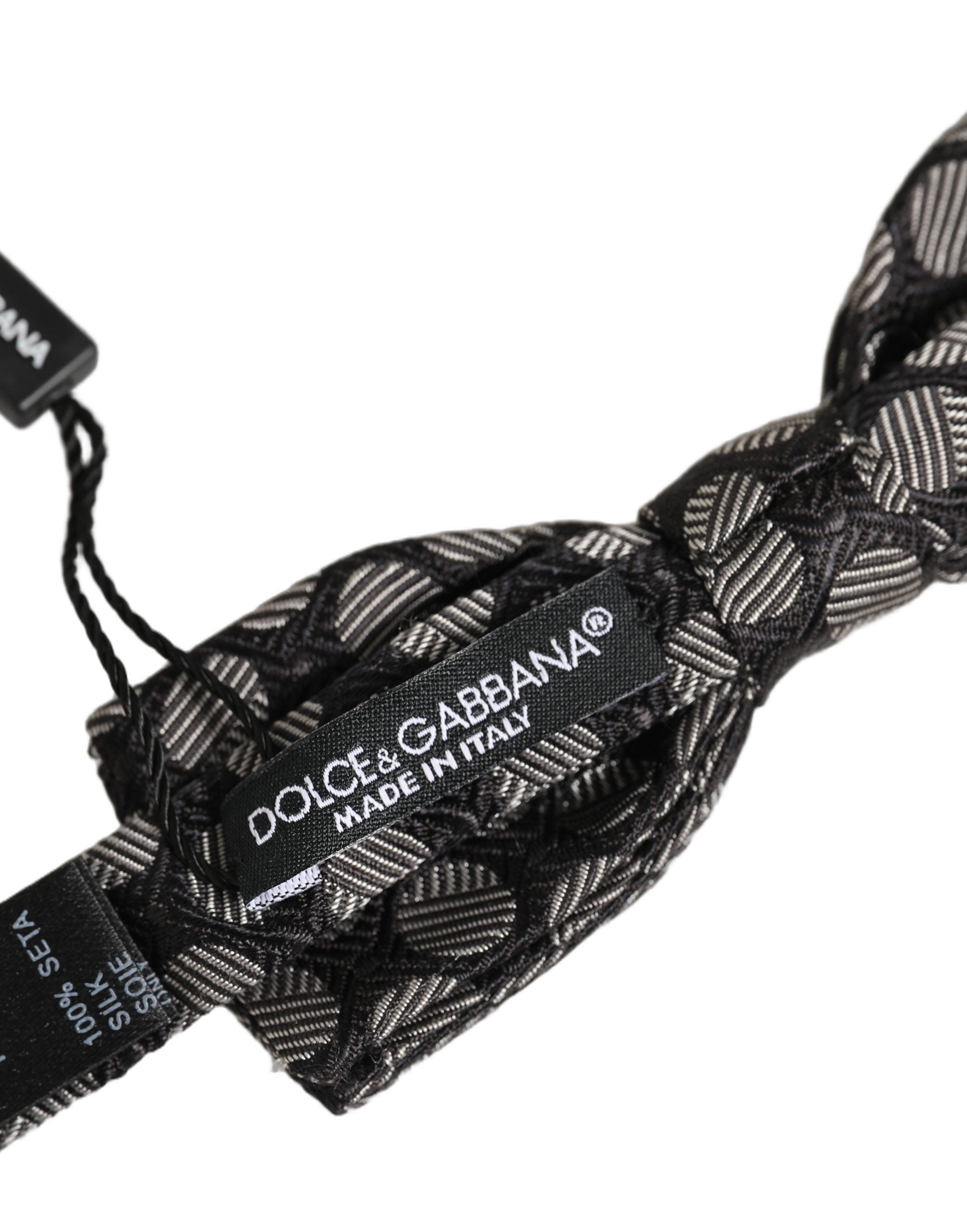 Dolce & Gabbana Black White Geometric Silk Adjustable Neck Papillon Bow Tie