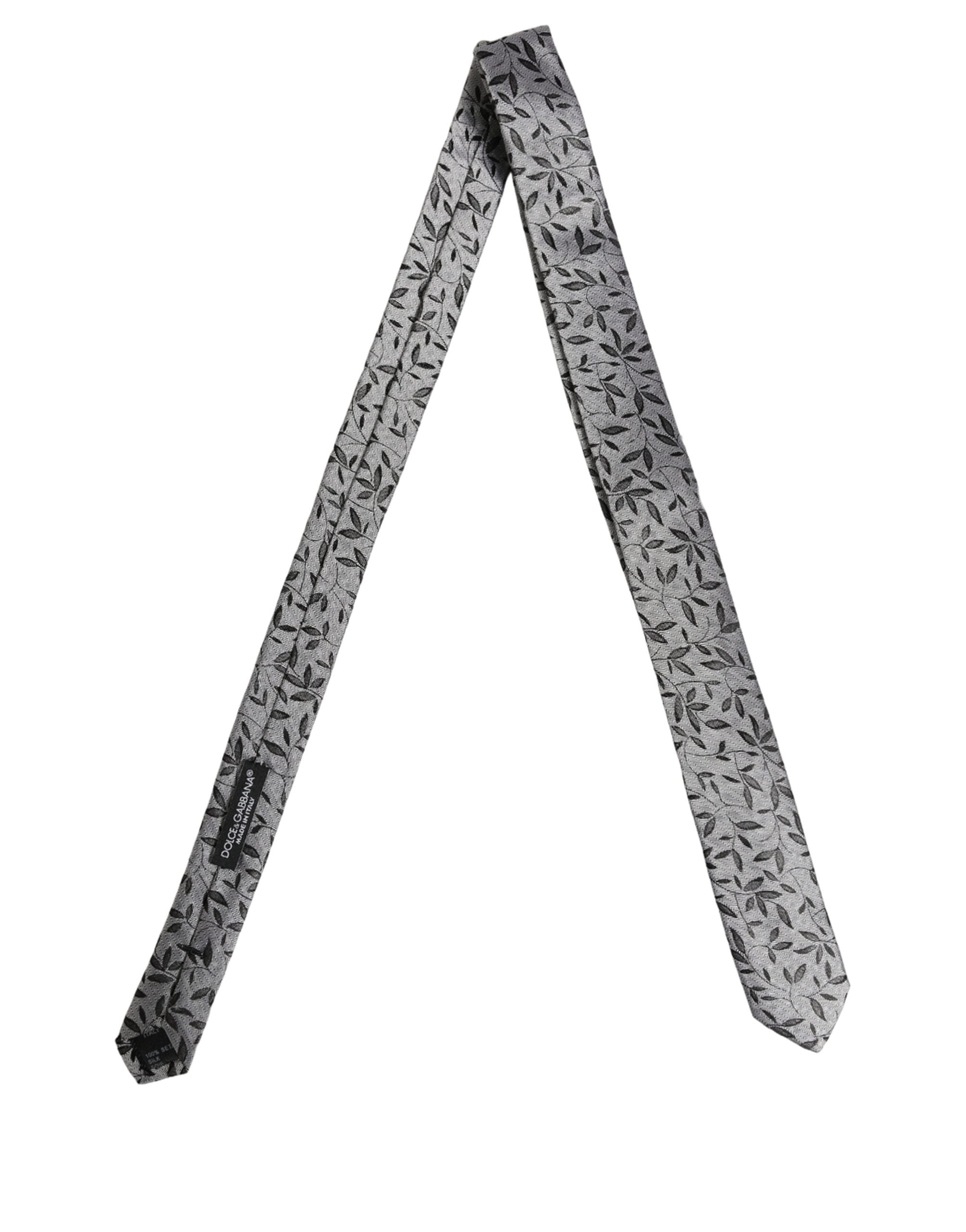 Dolce & Gabbana Men Gray Leaf Pattern Silk Adjustable Tied Necktie Tie