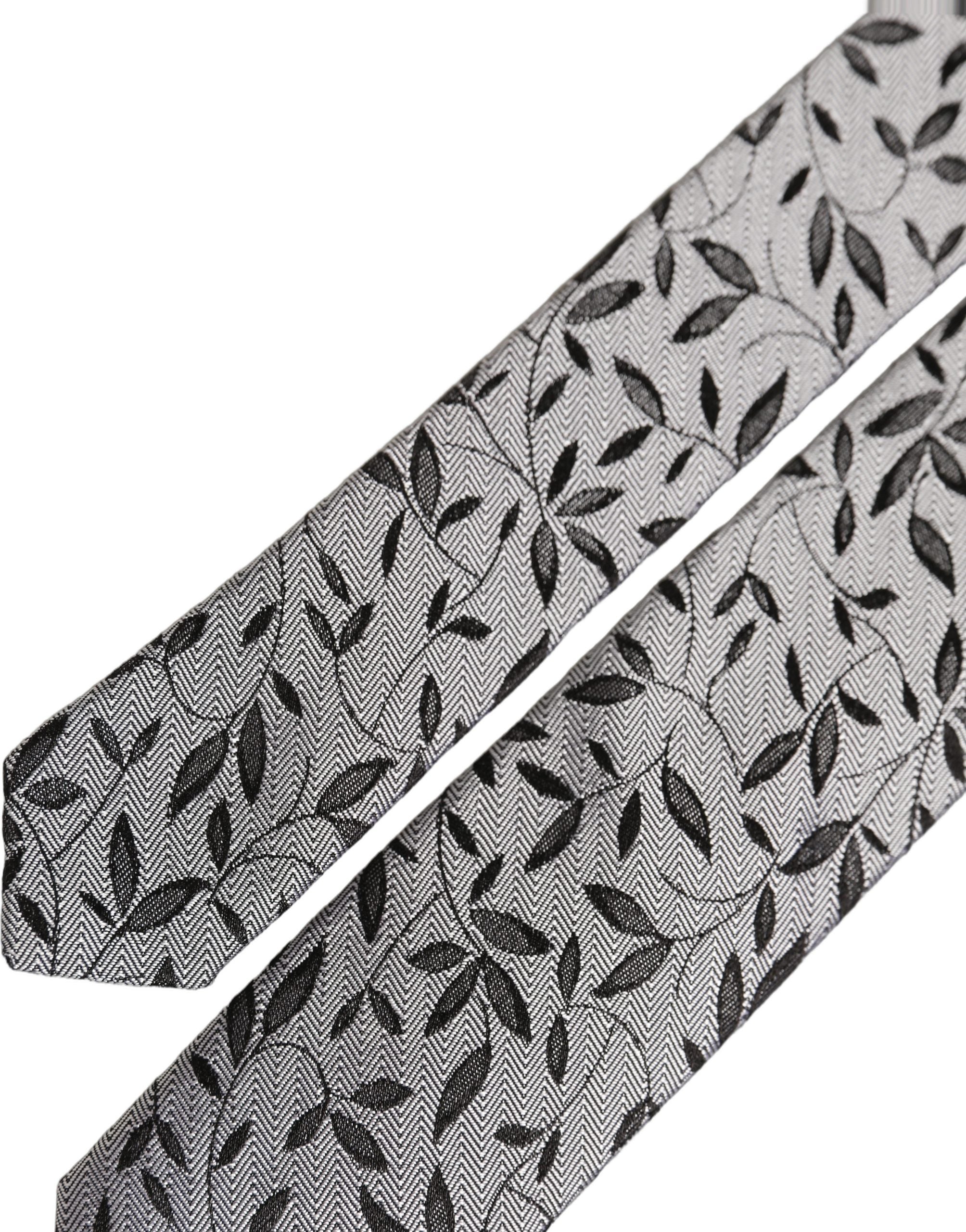 Dolce & Gabbana Men Gray Leaf Pattern Silk Adjustable Tied Necktie Tie