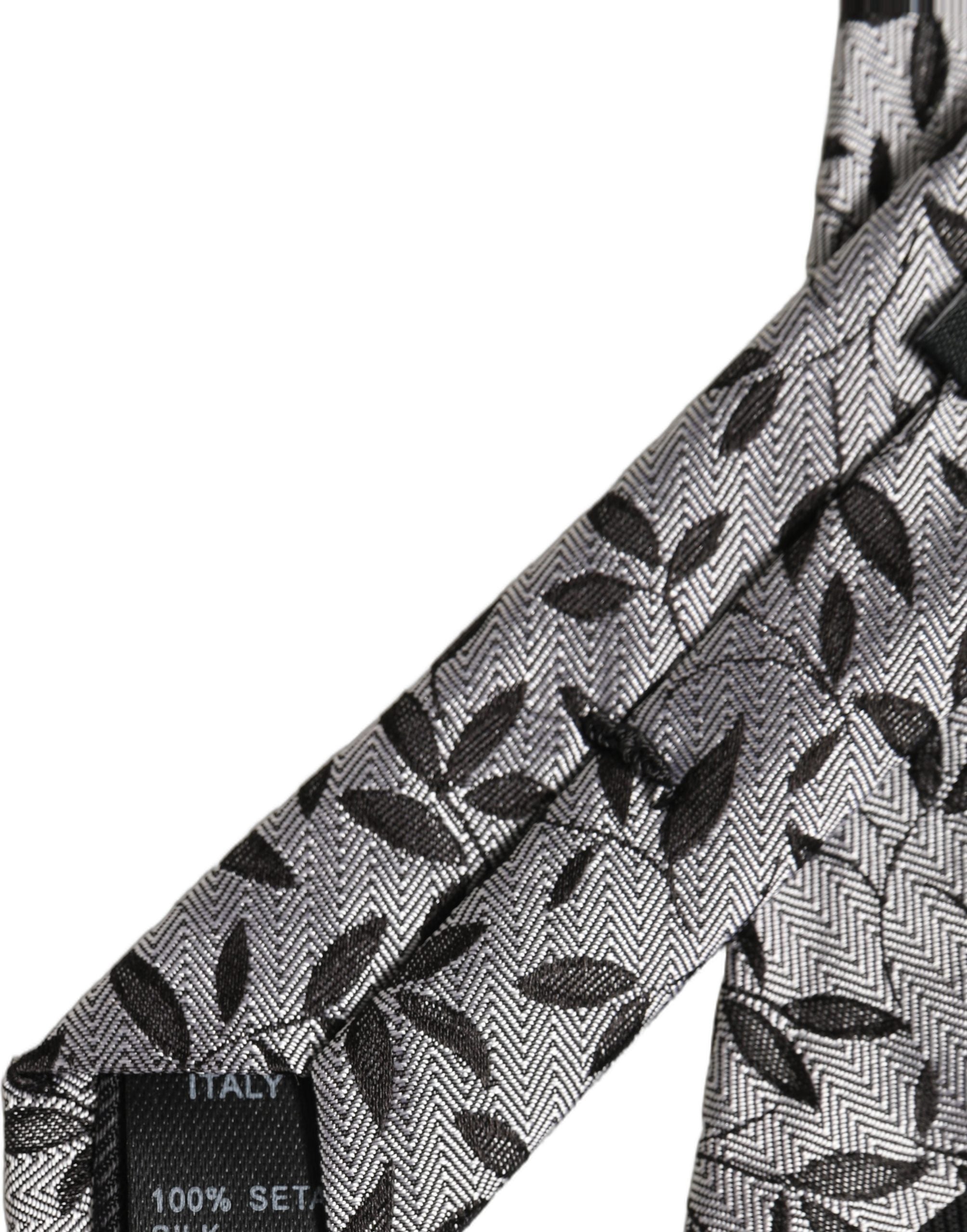 Dolce & Gabbana Men Gray Leaf Pattern Silk Adjustable Tied Necktie Tie