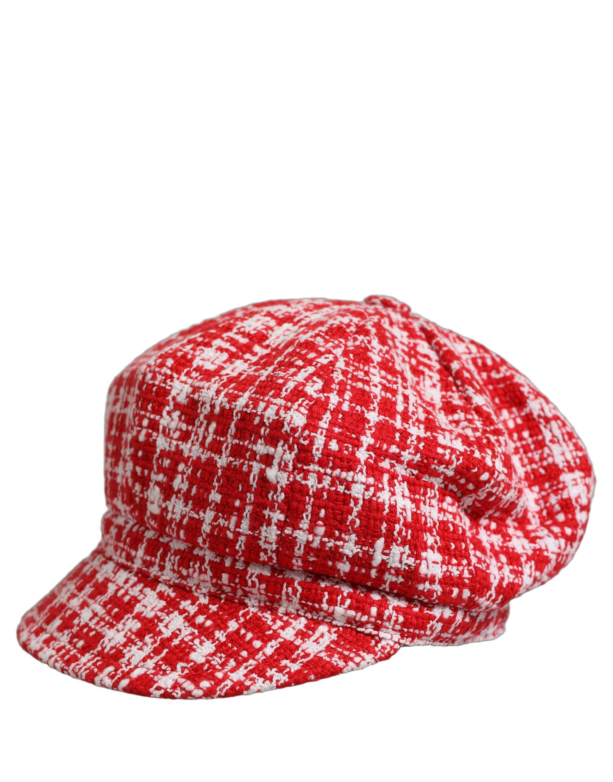 Dolce & Gabbana Red White Tweed Textured Baker Boy Capello Hat
