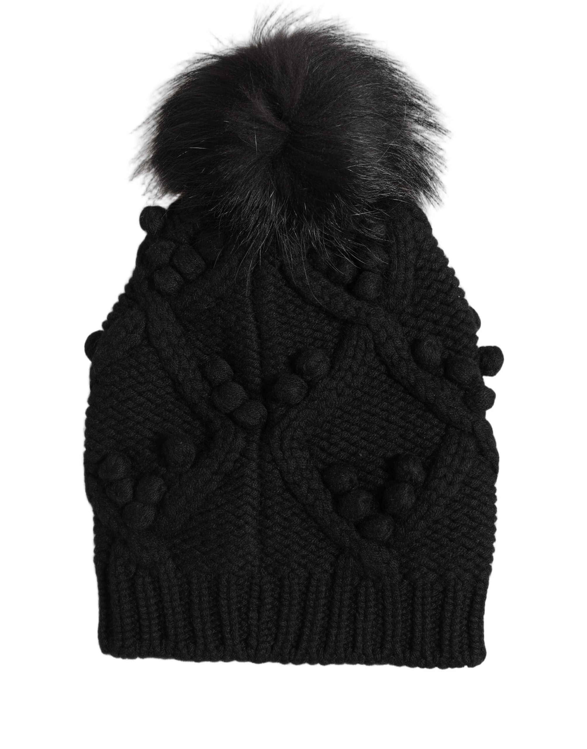 Dolce & Gabbana Black Cashmere Knitted Fur Pom-Pom Beanie One Size Hat