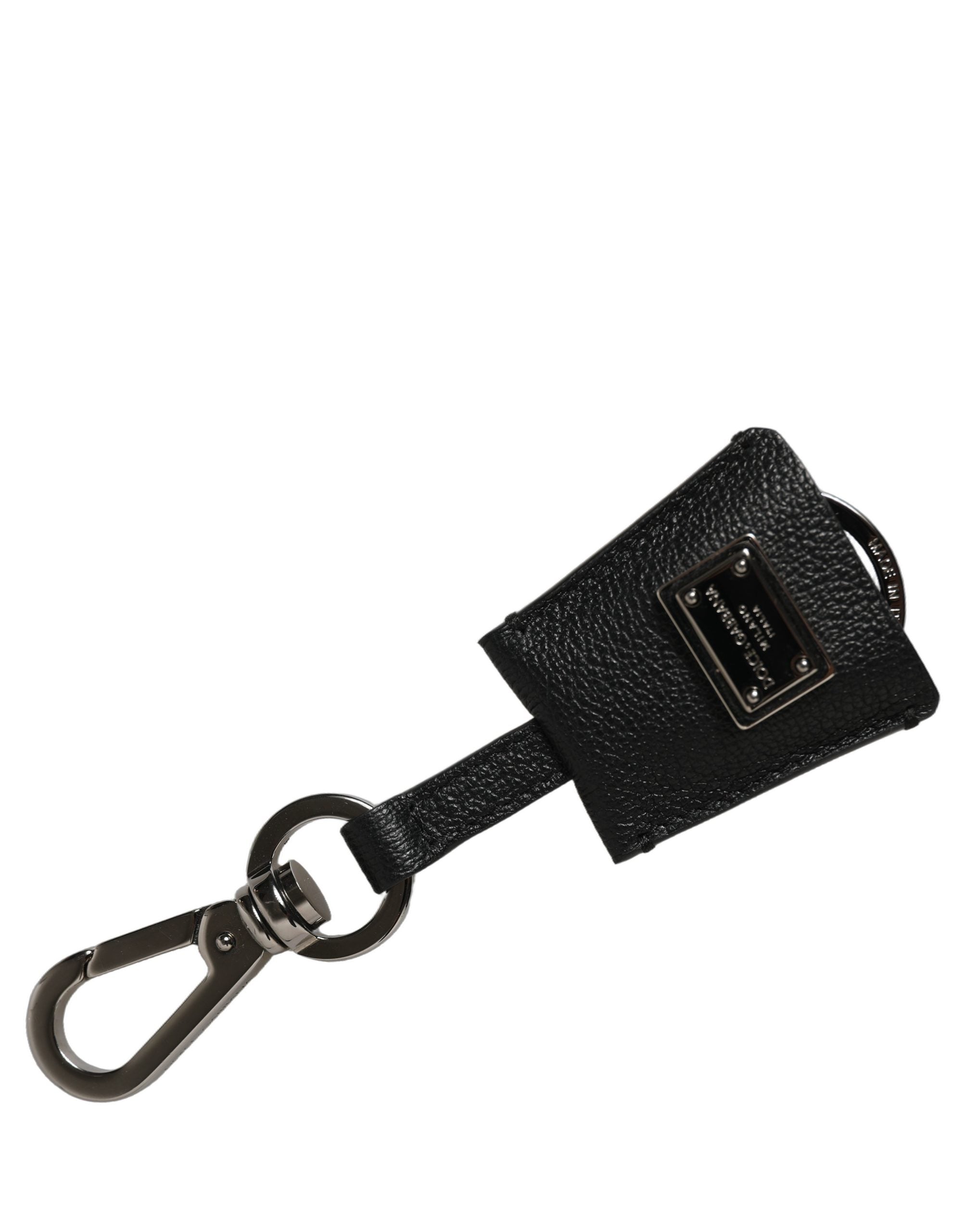 Dolce & Gabbana Black Dauphine Leather Silver Metal Logo Plaque Keyring