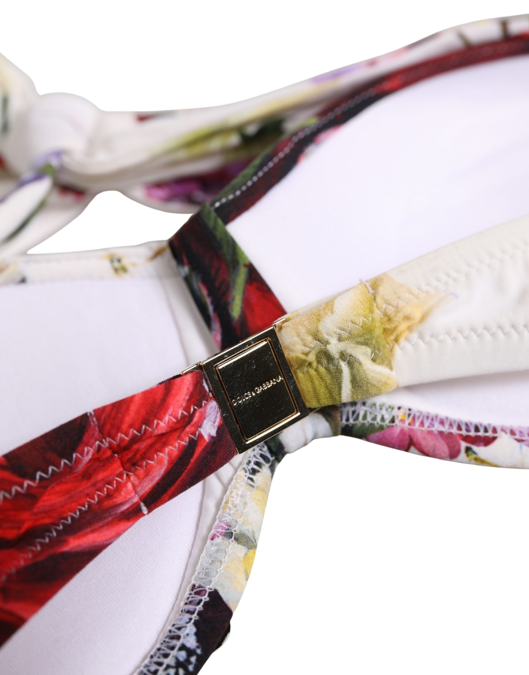 Dolce & Gabbana White Floral Print Nylon Beachwear Bikini Top