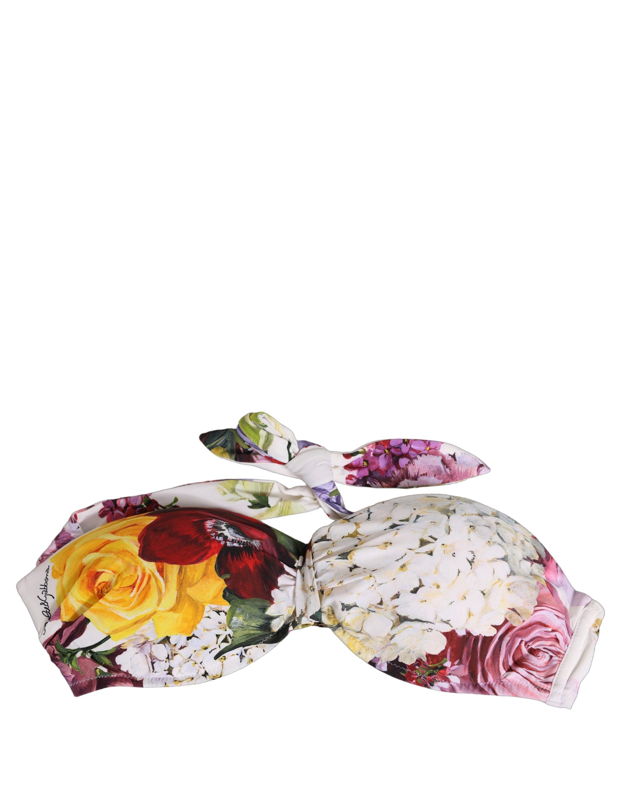 Dolce & Gabbana White Floral Print Nylon Beachwear Bikini Top