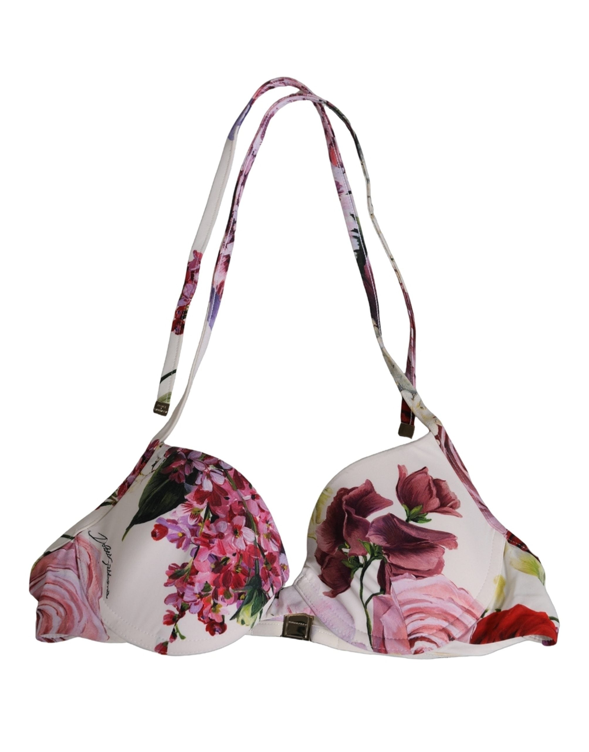 Dolce & Gabbana White Floral Print Nylon Beachwear Bikini Top