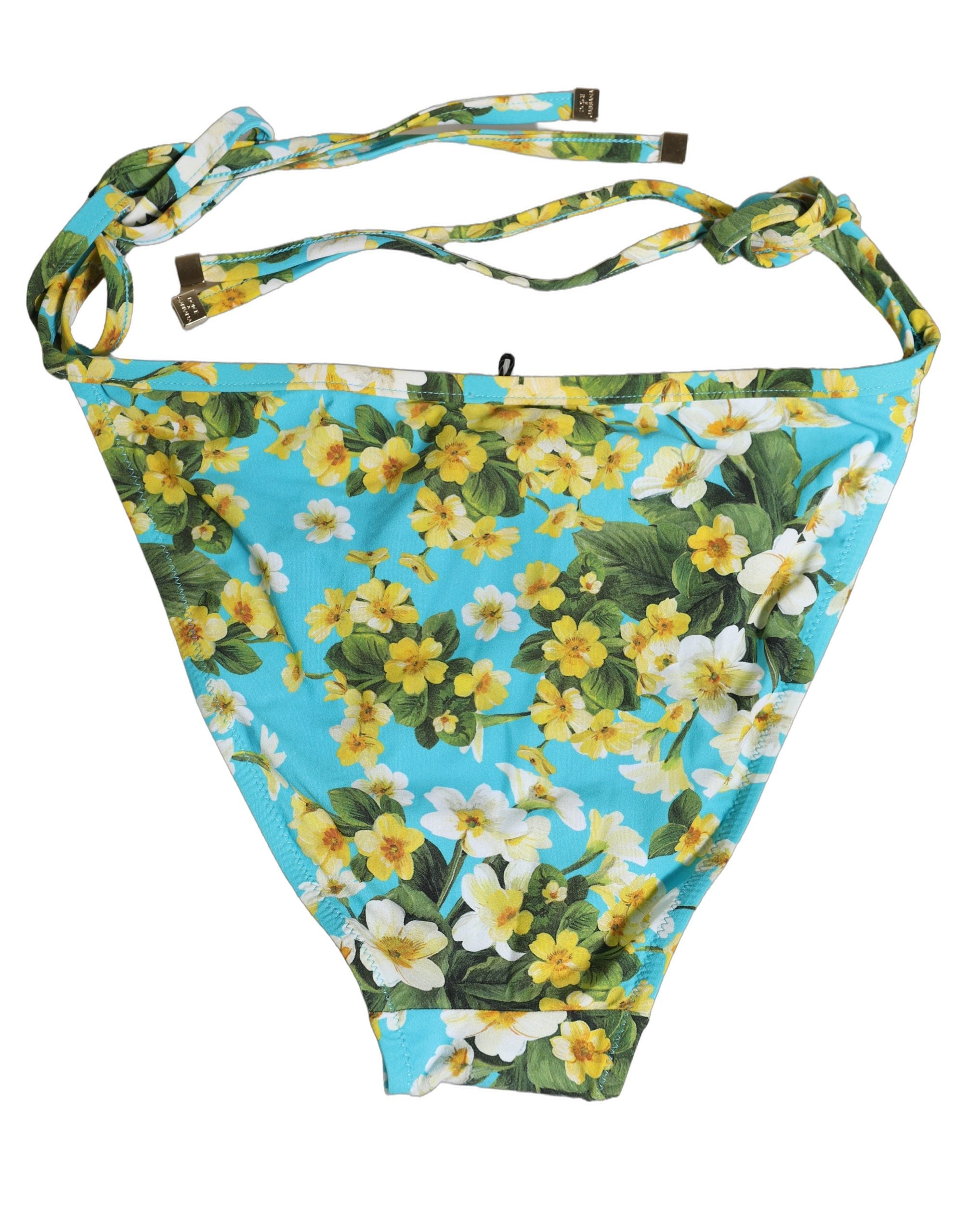 Dolce & Gabbana Blue Floral Print Nylon Beachwear Bikini Bottom