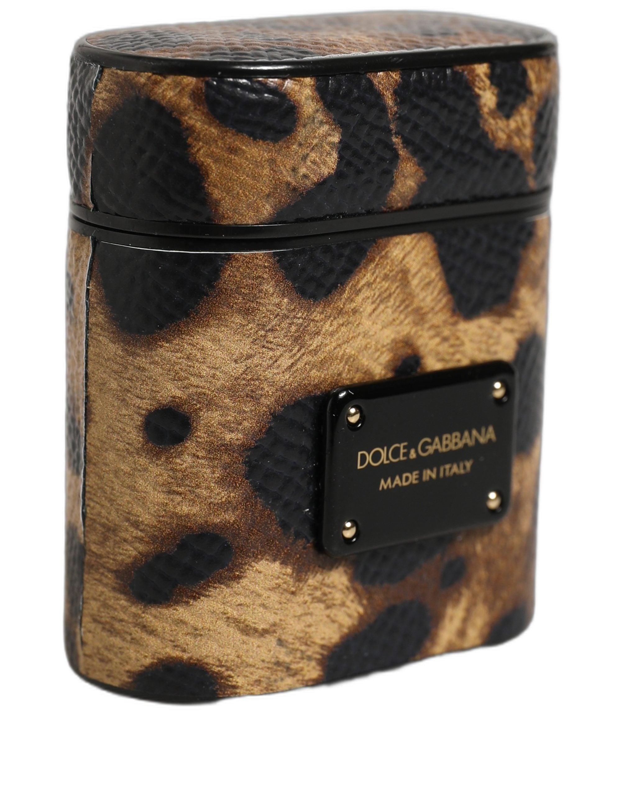 Dolce & Gabbana Brown Leopard Calf Leather Metal Logo Plaque Airpods Case