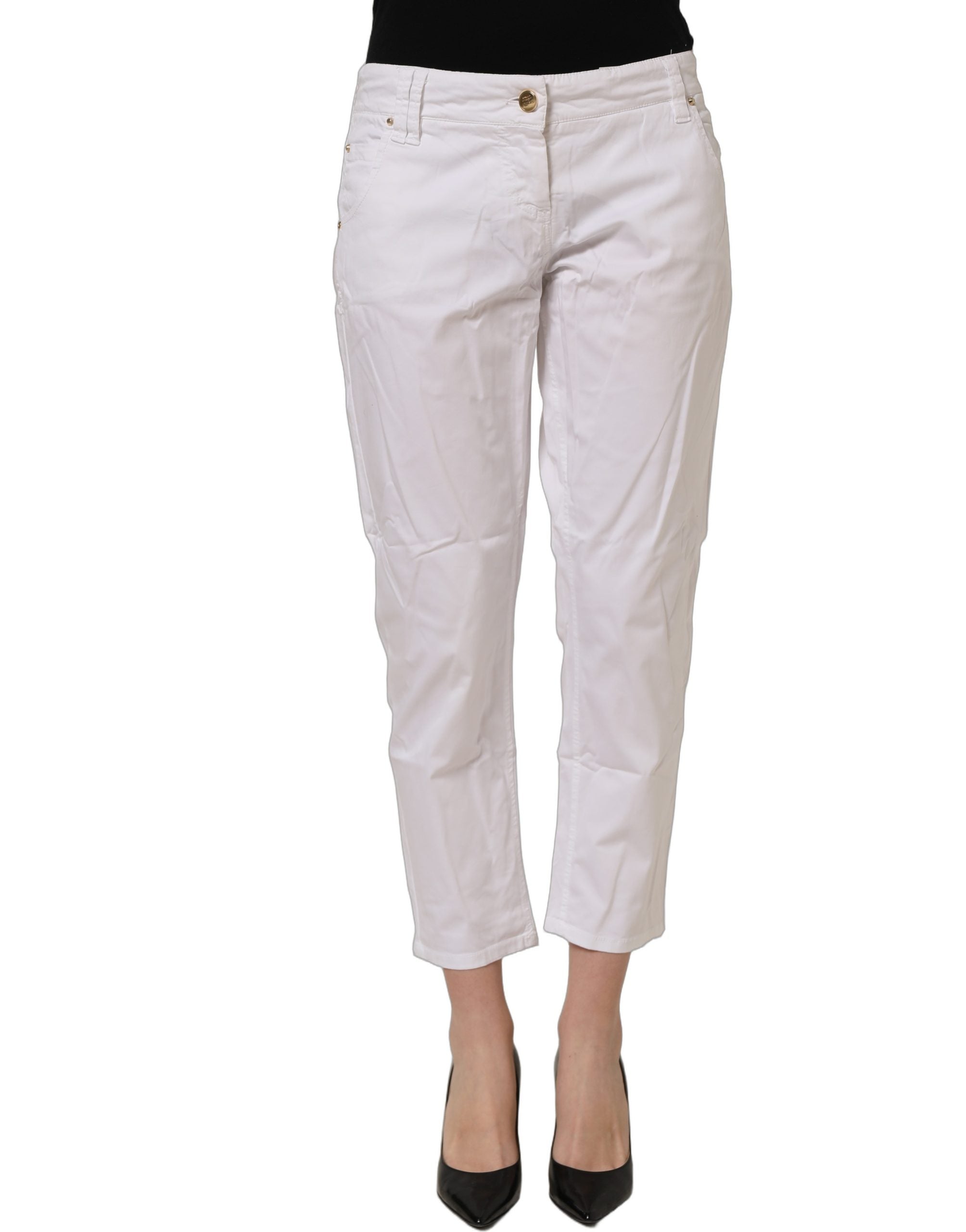 Gaudi White Mid Waist Straight Cropped Cotton Trouser Pants