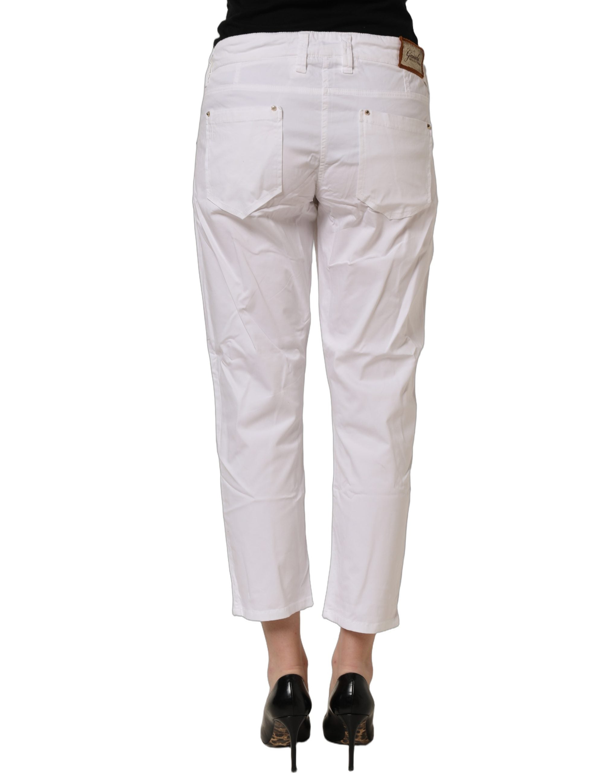 Gaudi White Mid Waist Straight Cropped Cotton Trouser Pants