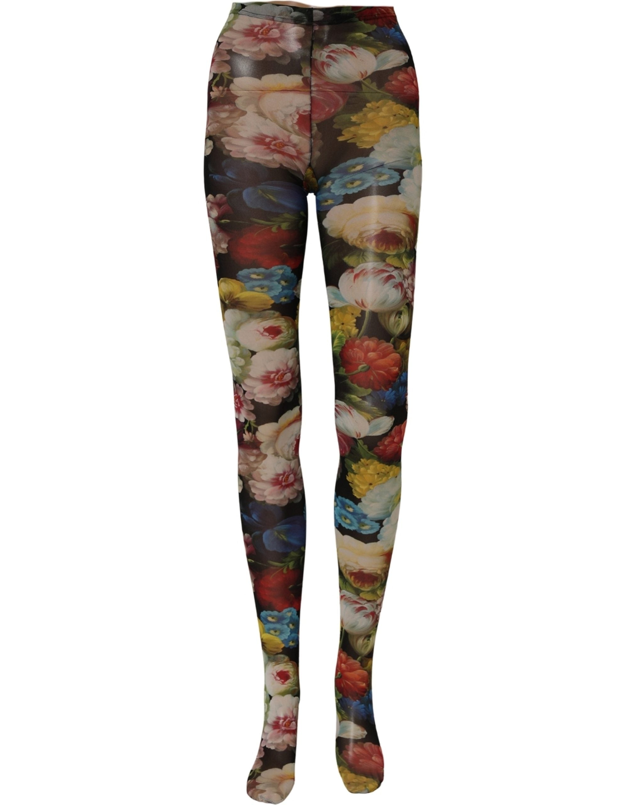 Dolce & Gabbana Black Floral Print Tights Sheer Stockings Socks