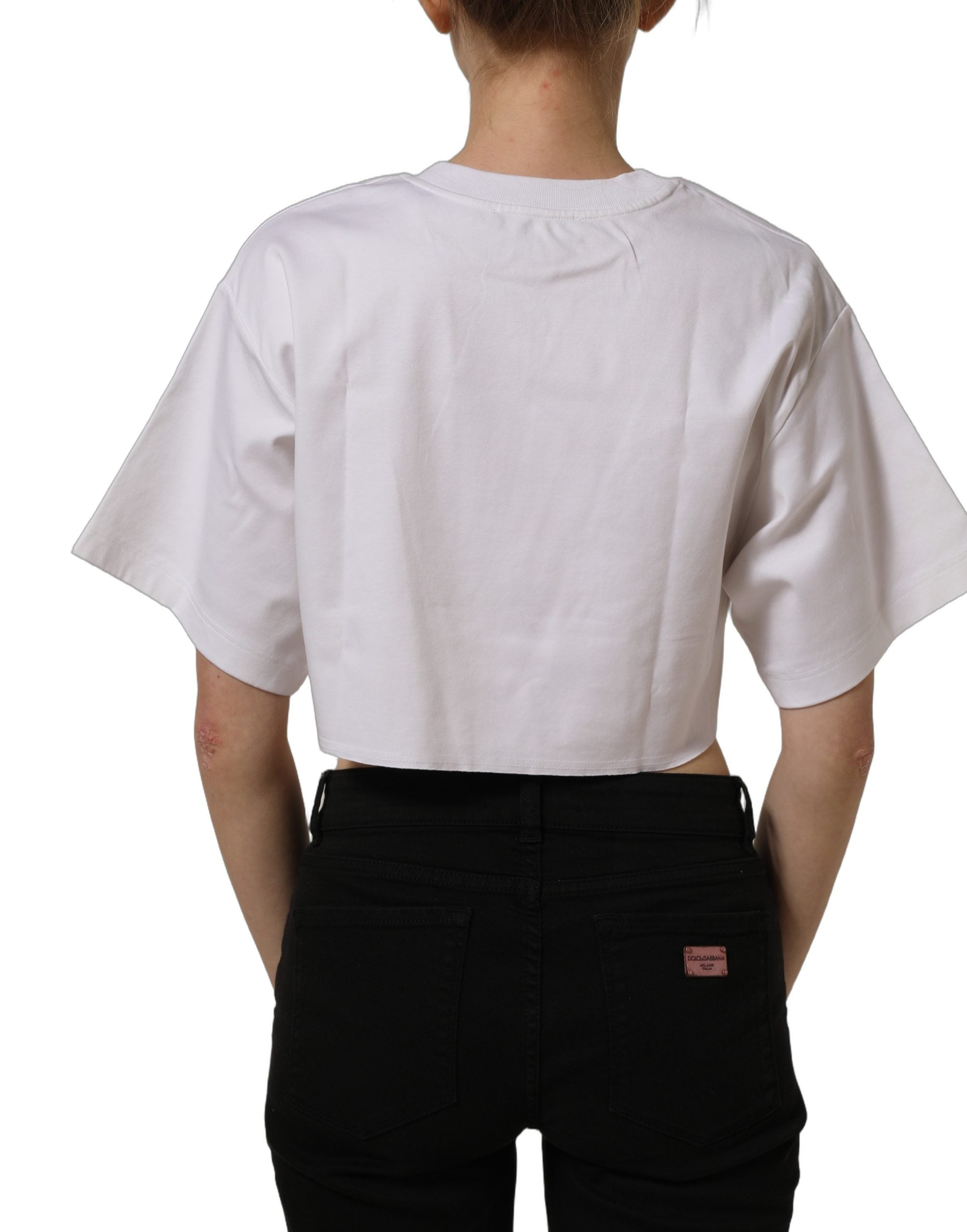 Dolce & Gabbana White Graphic Cotton Jersey Cropped T-shirt