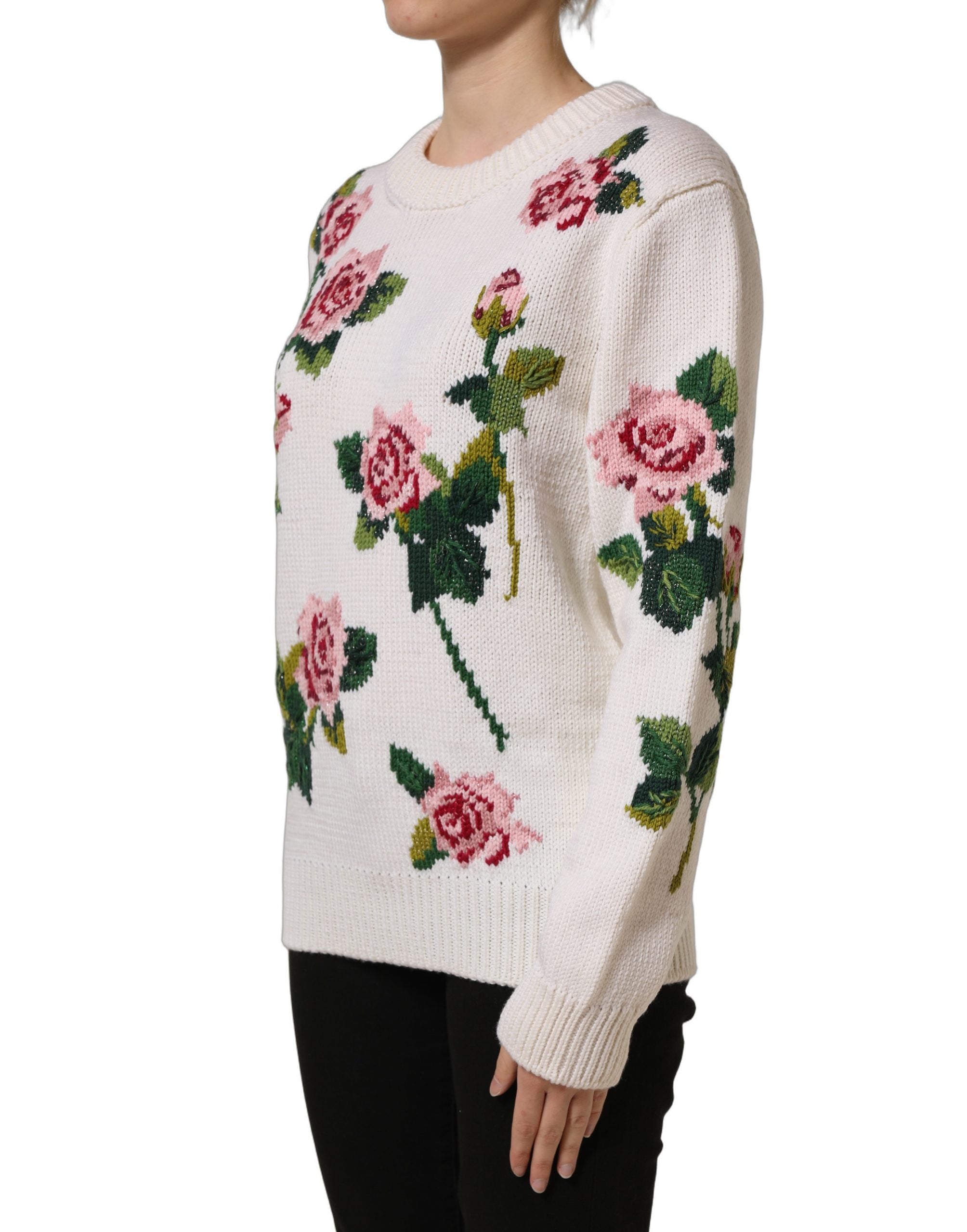Dolce & Gabbana White Wool Floral Crew Neck Pullover Sweater