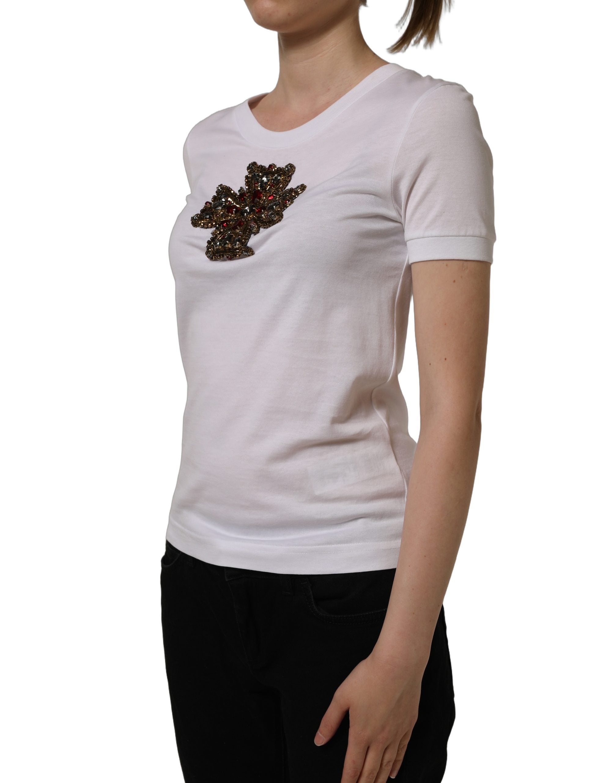 Dolce & Gabbana White Crystal Embellished Cross Top T-shirt