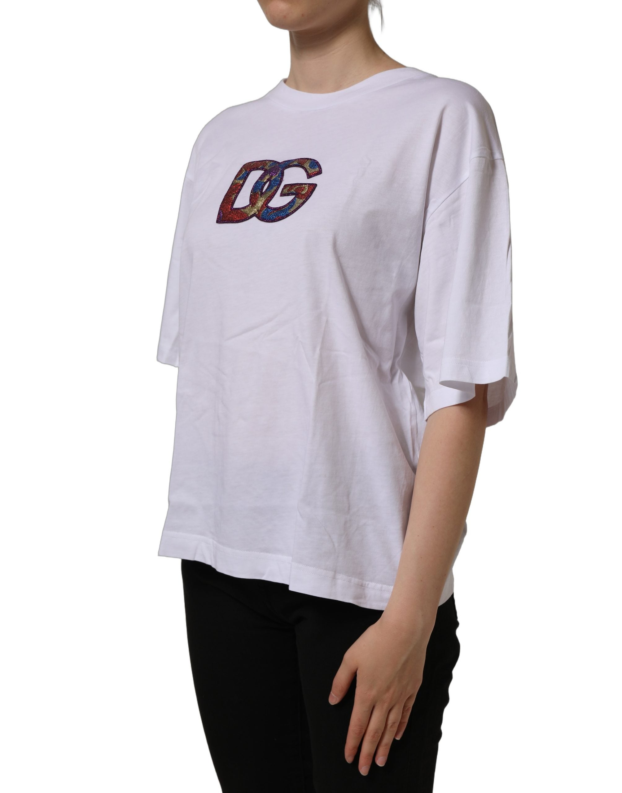 Dolce & Gabbana White Logo Patch Cotton Crew Neck T-shirt