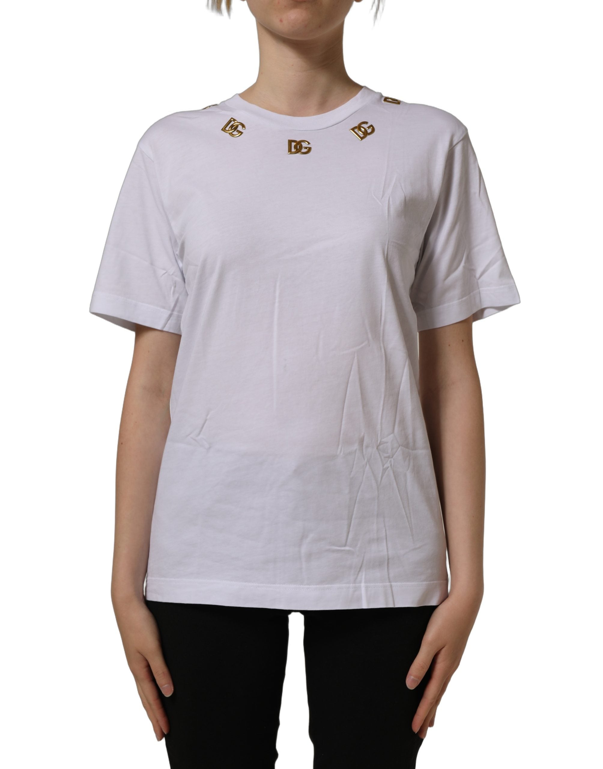 Dolce & Gabbana White Cotton Gold DG Logo Crew Neck T-shirt