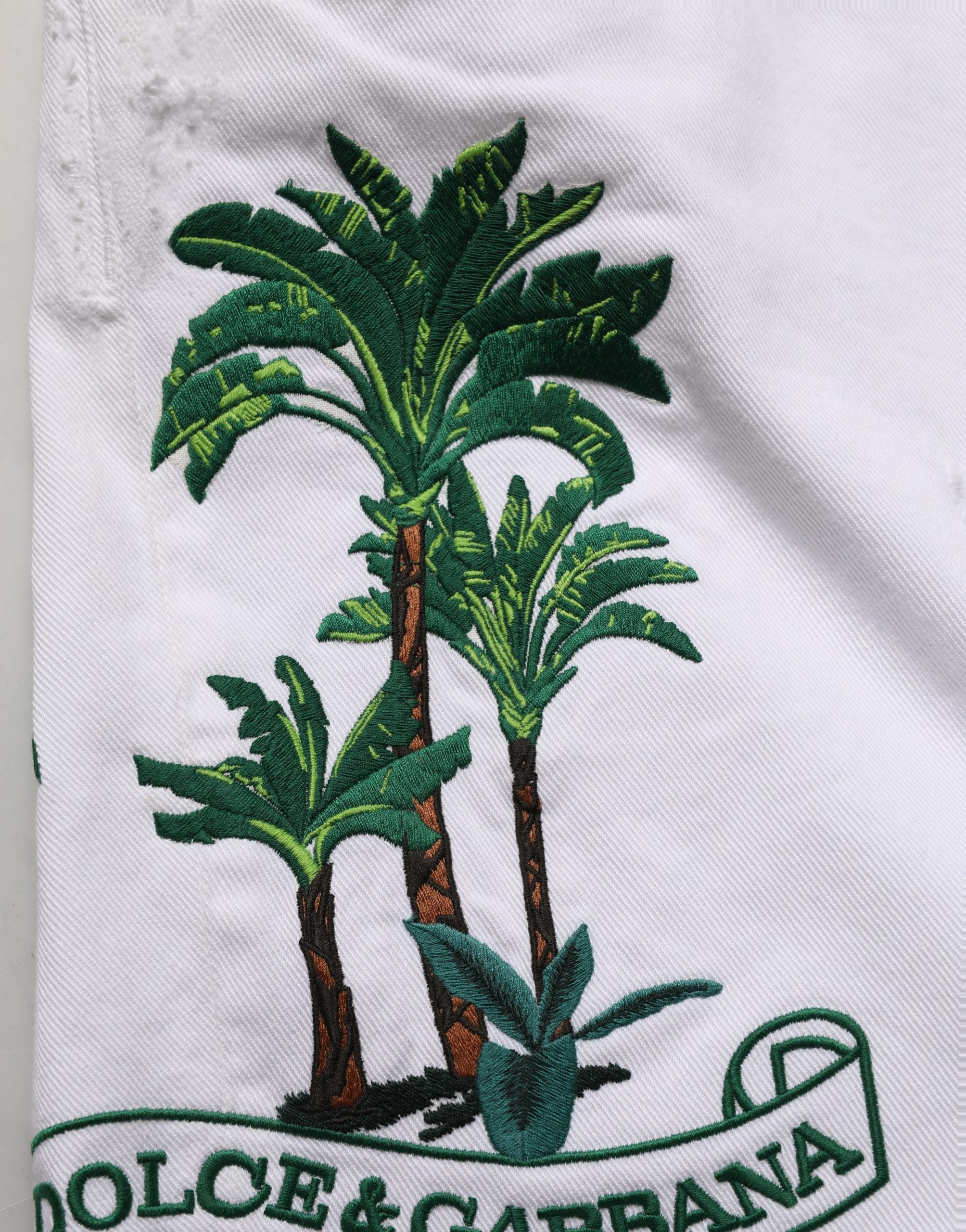 Dolce & Gabbana White Palm Embroidery Denim Bermuda Shorts