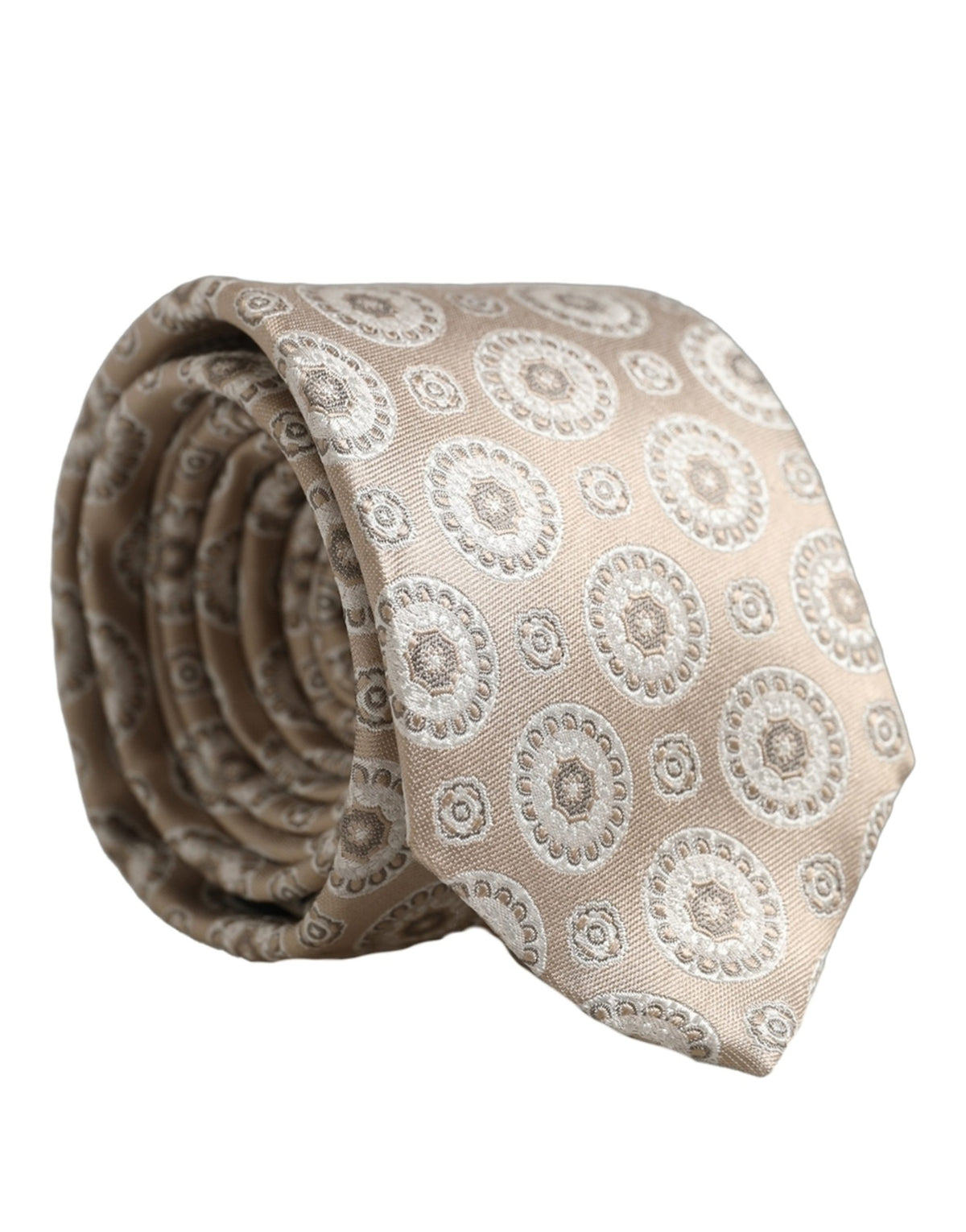 Dolce & Gabbana Beige Silk Medallion Circle Adjustable Tied Necktie Tie