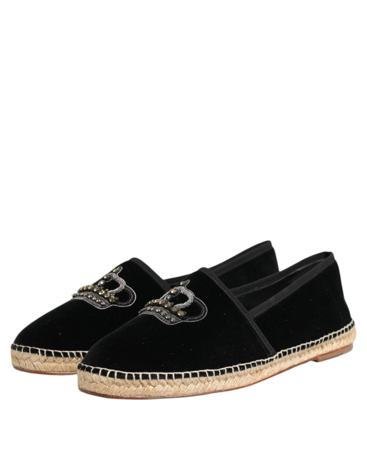 Dolce & Gabbana Black Embellished Crown Flat Espadrilles Shoes
