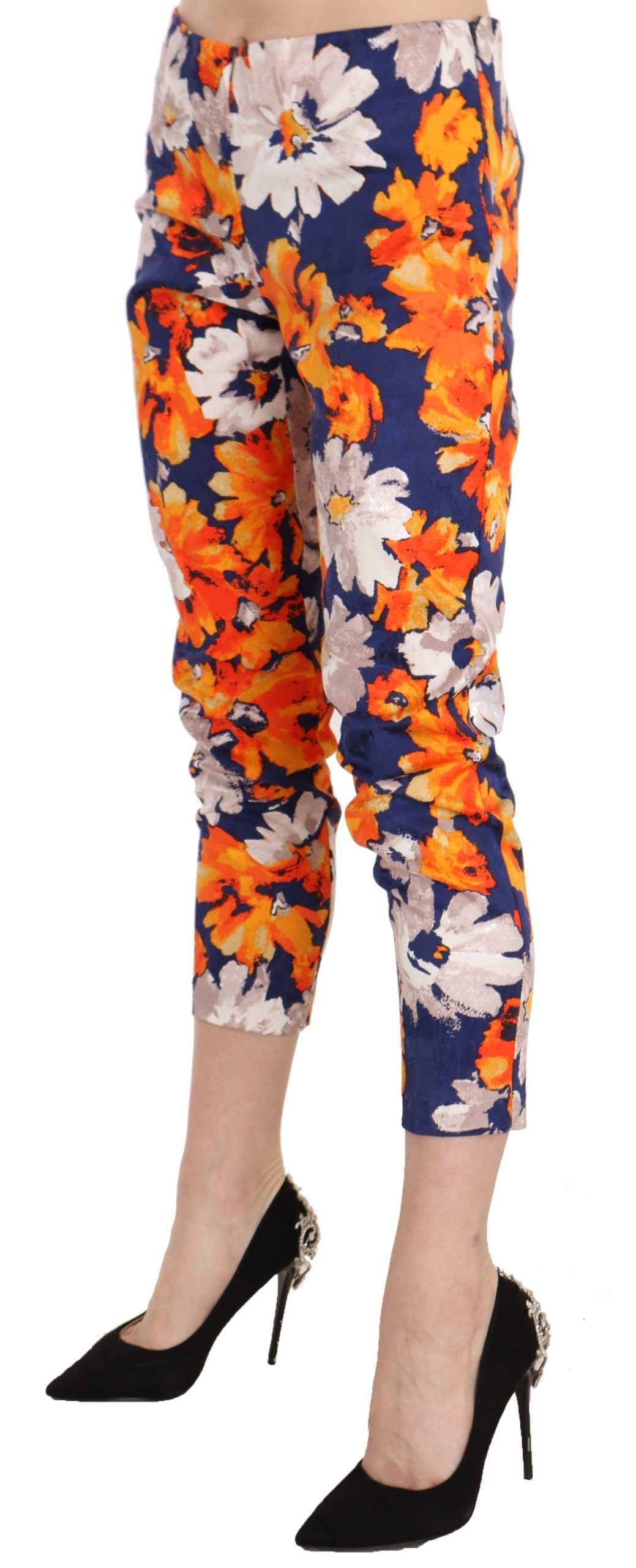 LANACAPRINA Blue Floral Print Skinny Slim Fit Trousers Pants LUNESCAPE