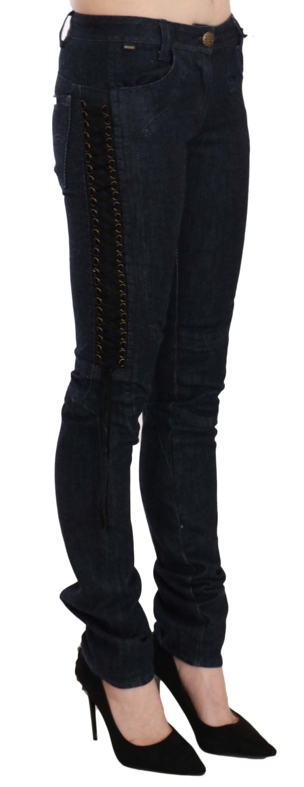 Just Cavalli Blue Low Waist Skinny Trousers Braided String Pants