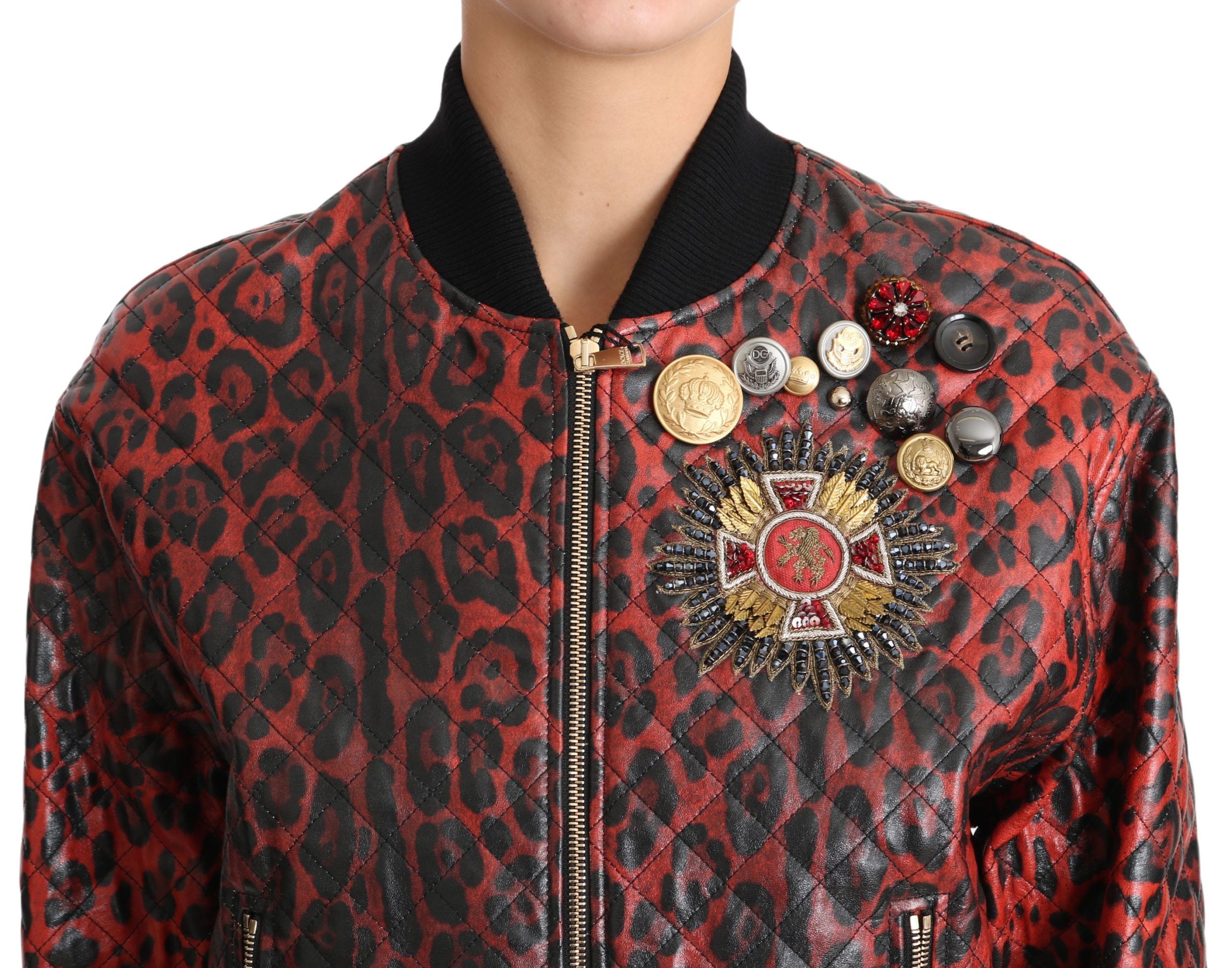 Dolce & Gabbana Red Leopard Button Crystal Leather Jacket LUNESCAPE