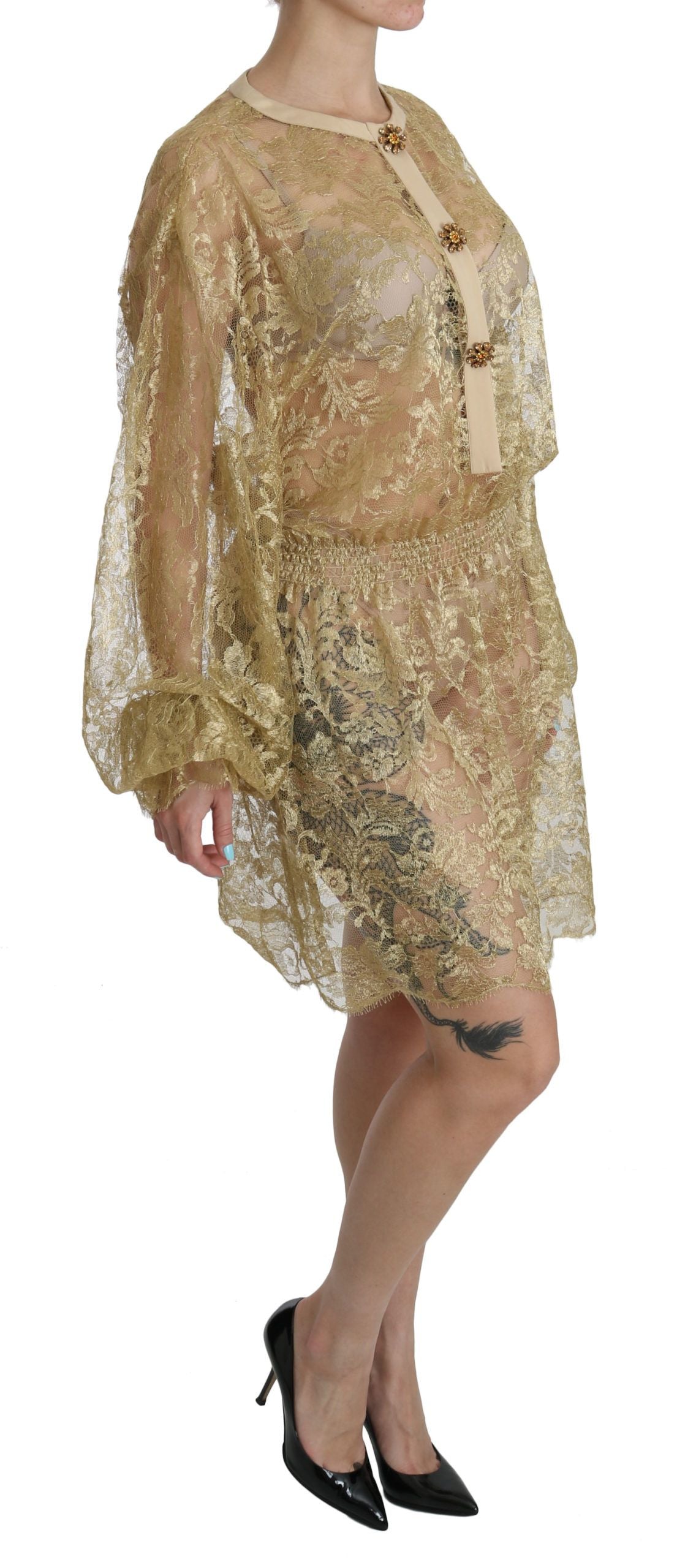 Dolce & Gabbana Gold Lace See Through A-Line Knee Length Dress LUNESCAPE