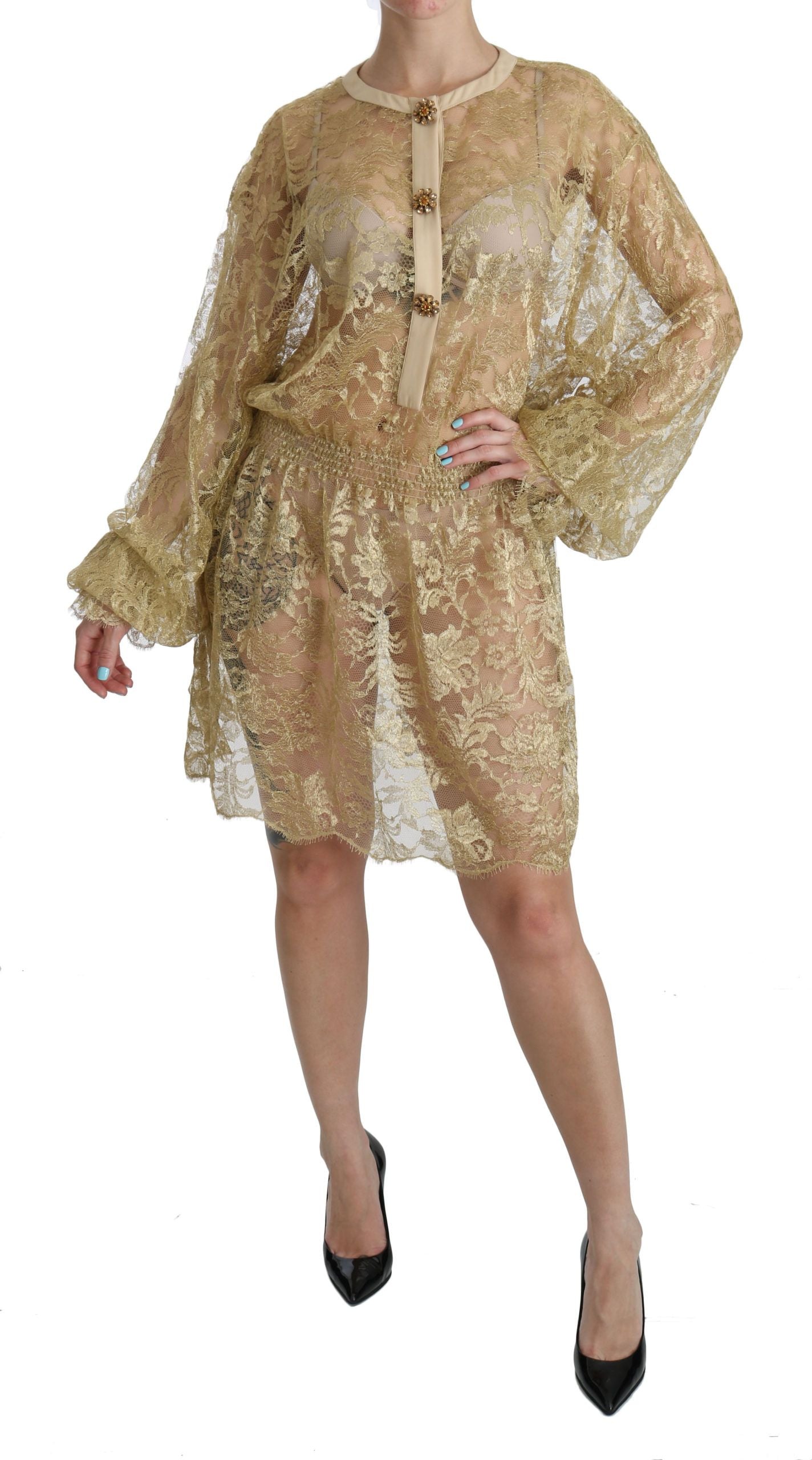 Dolce & Gabbana Gold Lace See Through A-Line Knee Length Dress LUNESCAPE